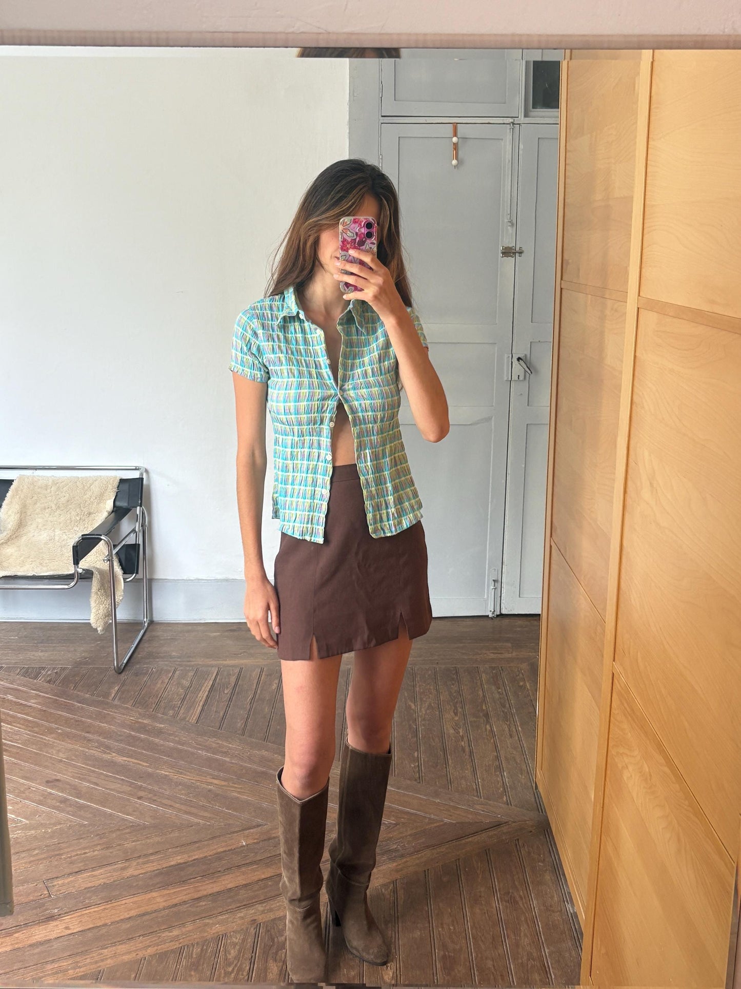 Vintage 90s Crinkle Button Up Shirt – Fitted Colorful Checkered Top | Y2K Grid Blouse