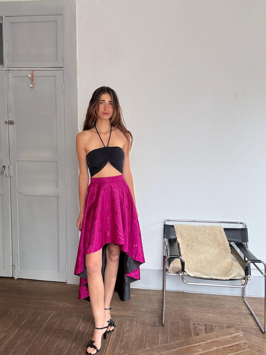 Vintage Pink High-Low Skirt – Handmade Satin Evening Skirt | Dramatic Waist-Defining Party Skirt, Unique statement piece, Emily in Paris