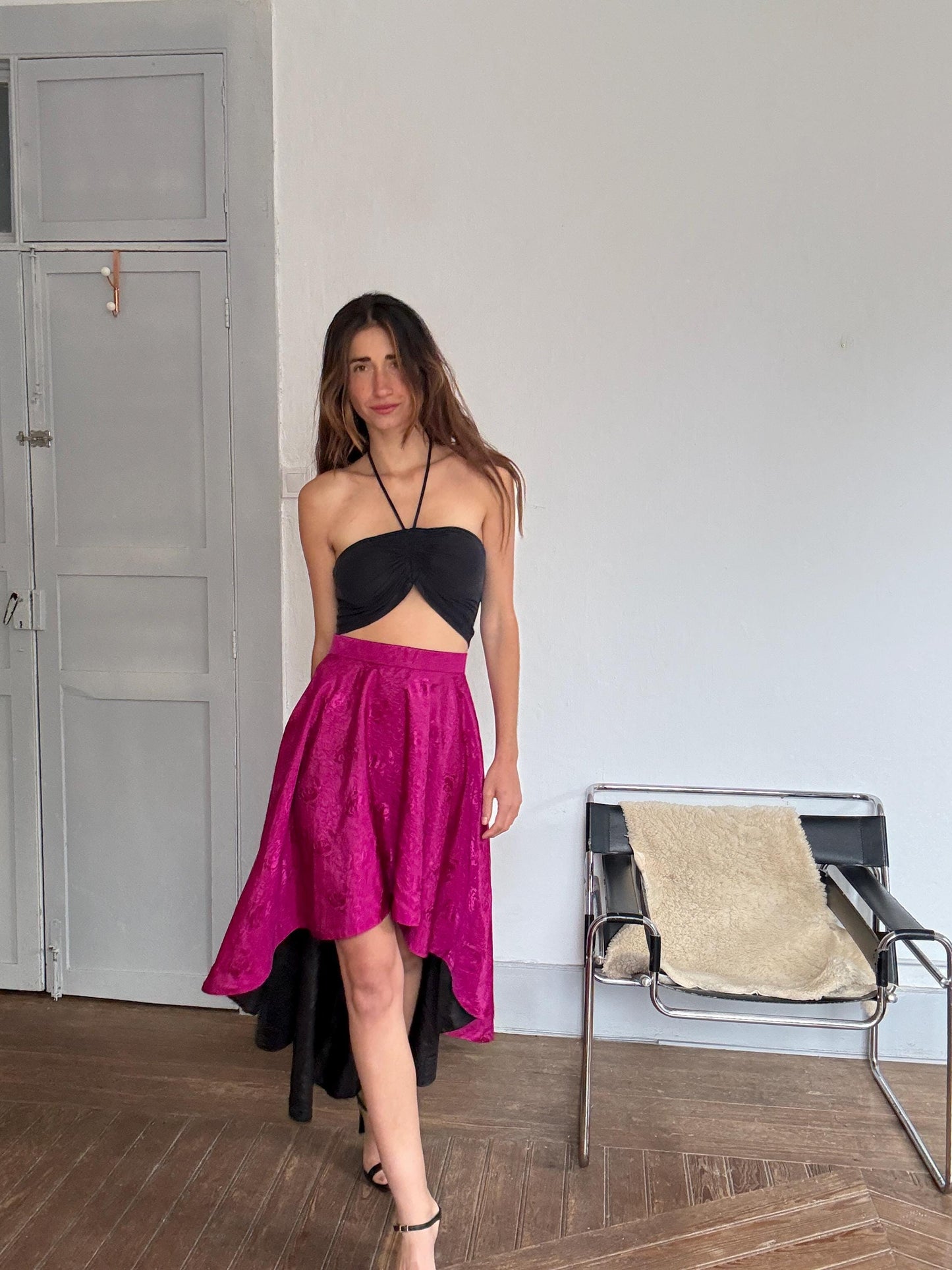 Vintage Pink High-Low Skirt – Handmade Satin Evening Skirt | Dramatic Waist-Defining Party Skirt, Unique statement piece, Emily in Paris