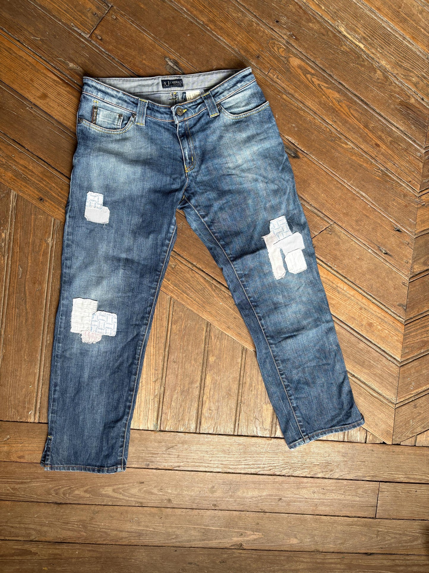 Vintage Y2K Armani Jeans Patchwork Cropped Denim – Size 28, Eco Wash Comfort Fit, Made in Italy, Size S - M