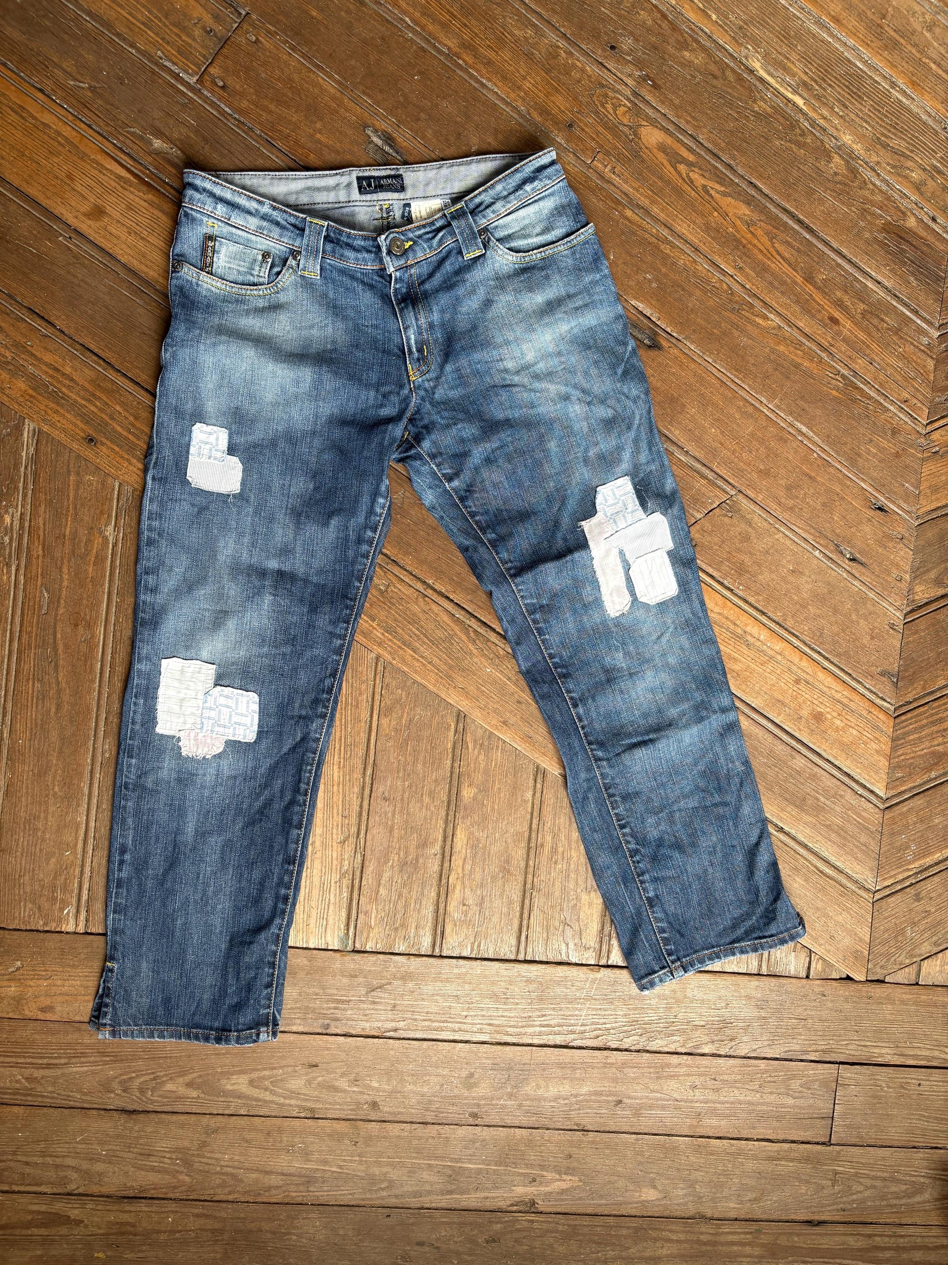 Vintage Y2K Armani Jeans Patchwork Cropped Denim – Size 28, Eco Wash Comfort Fit, Made in Italy, Size S - M