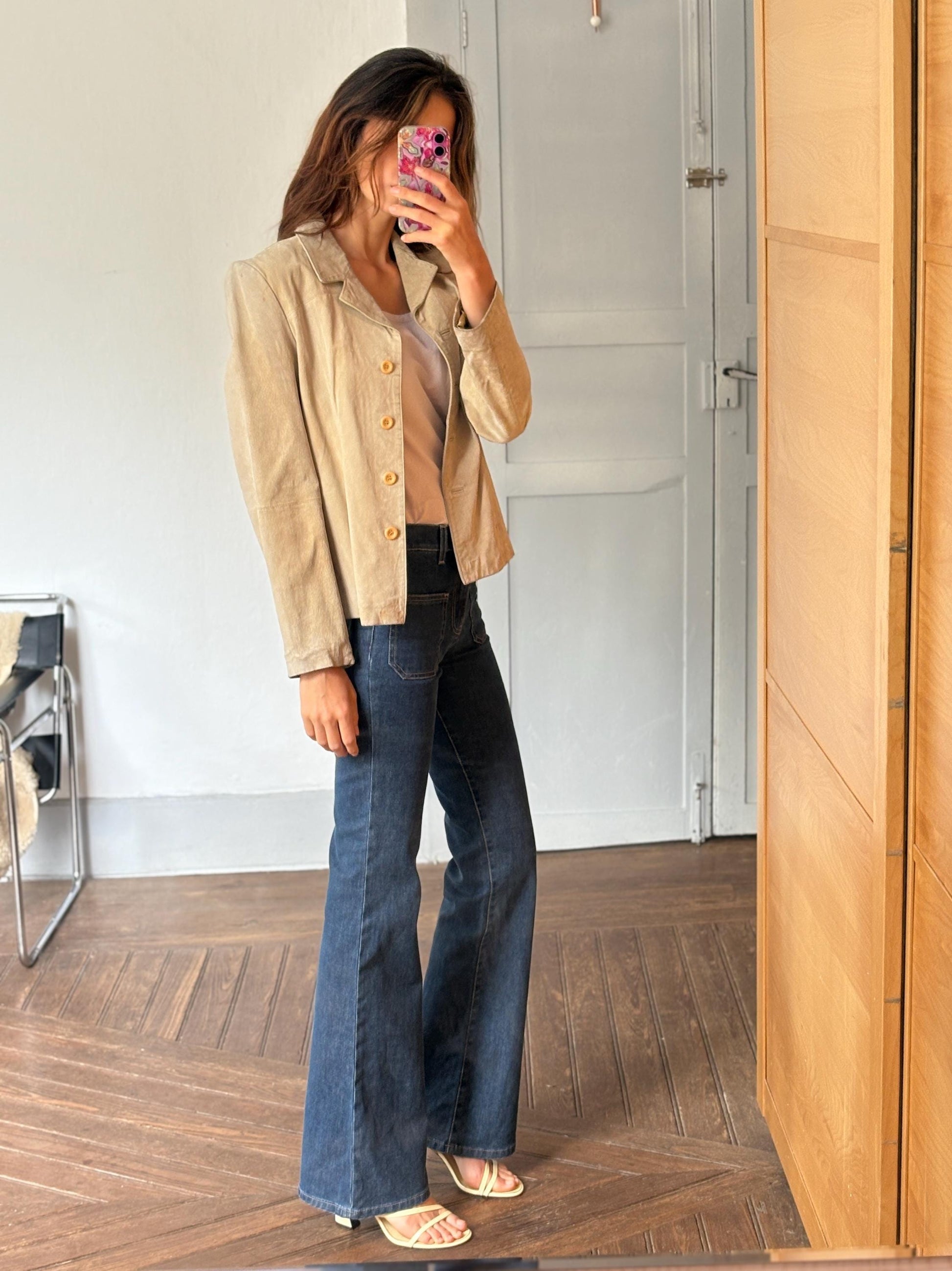 Vintage Suede Leather Jacket – Lilly of the Valley, Genuine Pigskin, Soft Beige Neutral, Size M