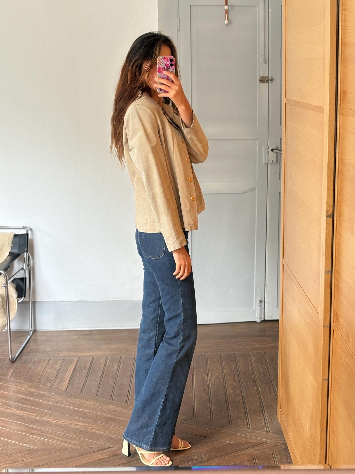 Vintage Suede Leather Jacket – Lilly of the Valley, Genuine Pigskin, Soft Beige Neutral, Size M