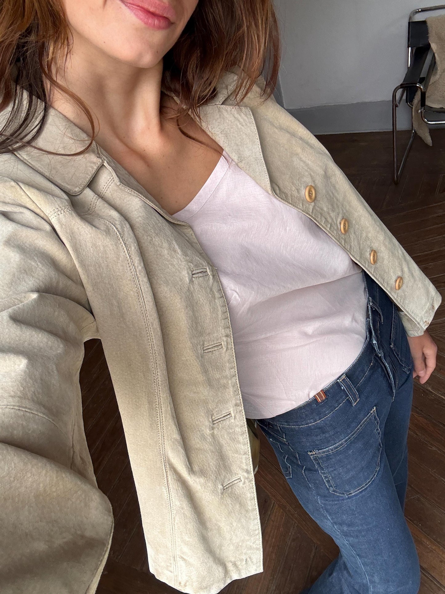 Vintage Suede Leather Jacket – Lilly of the Valley, Genuine Pigskin, Soft Beige Neutral, Size M