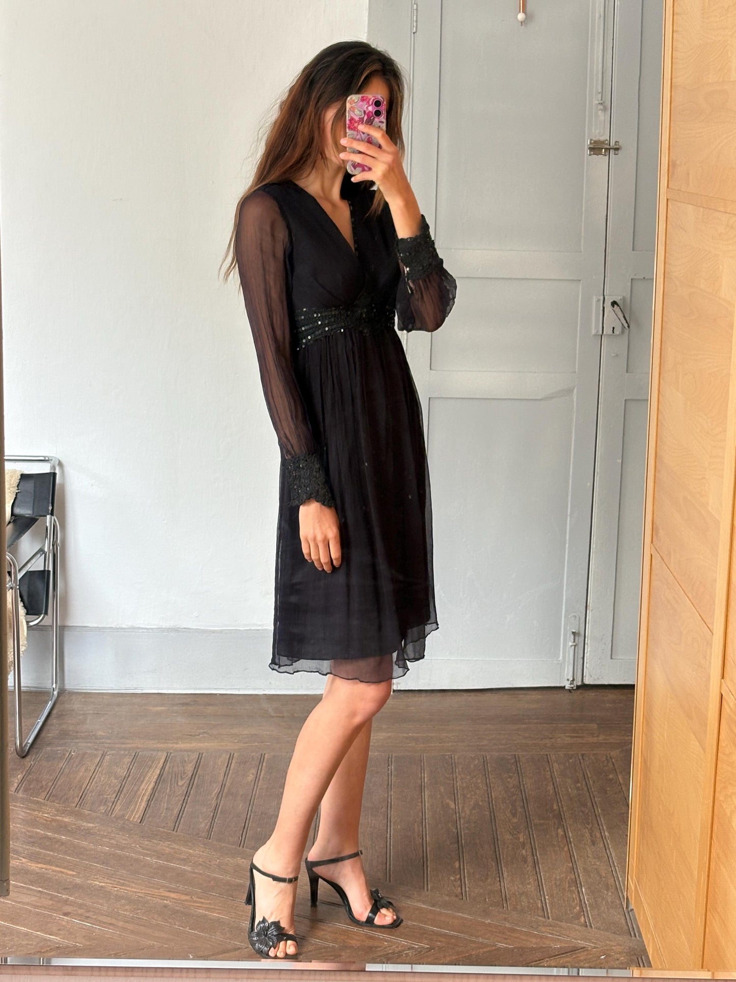 Vintage Black Boho Dress by Derhy – Sheer Sleeves, Sequin Waist, Size S, Romantic Goth Midi