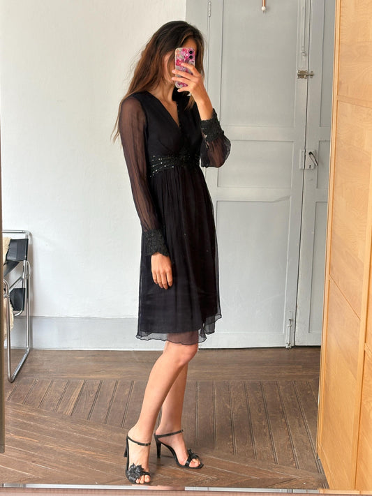 Vintage Black Boho Dress by Derhy – Sheer Sleeves, Sequin Waist, Size S, Romantic Goth Midi