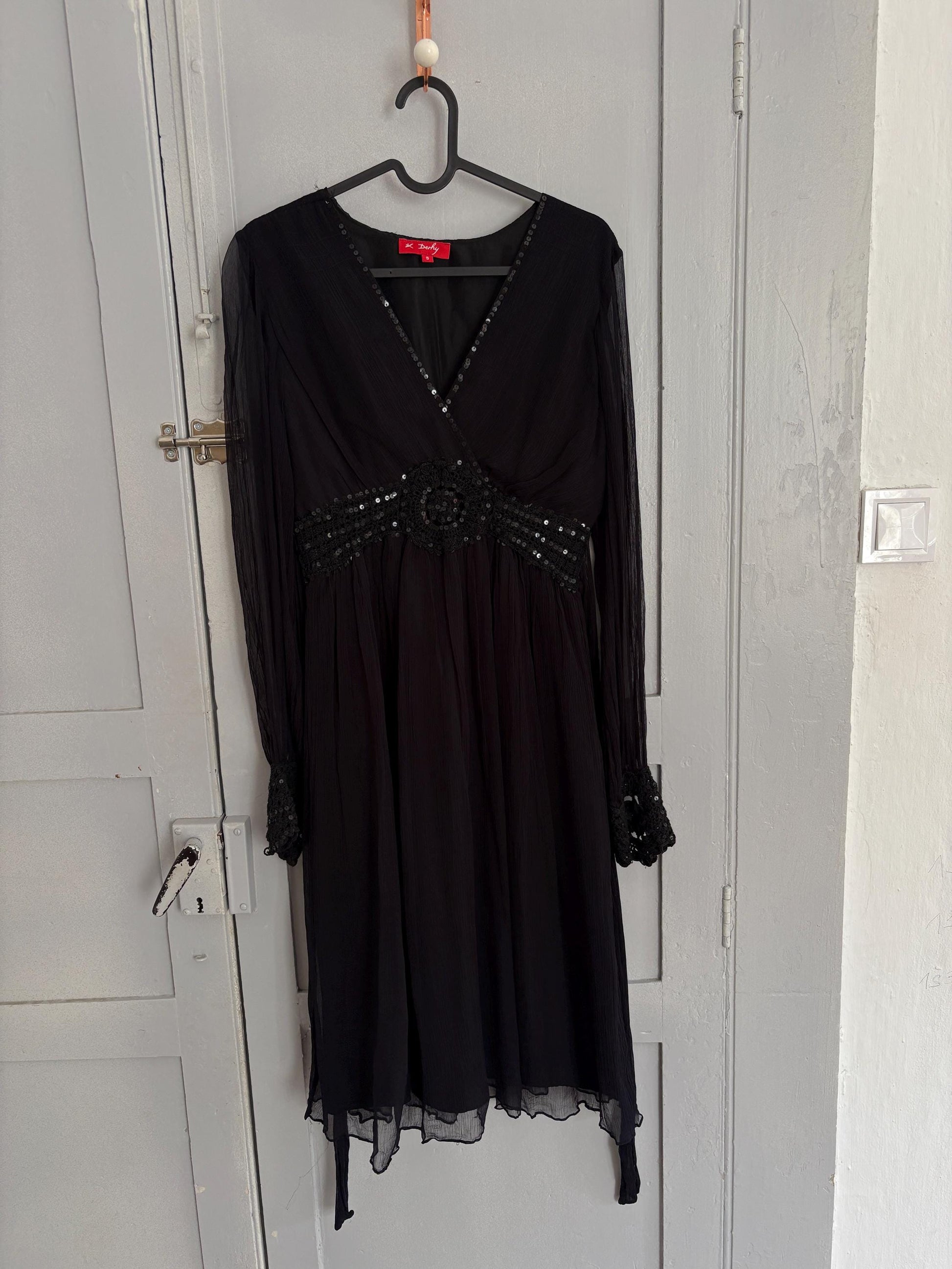 Vintage Black Boho Dress by Derhy – Sheer Sleeves, Sequin Waist, Size S, Romantic Goth Midi