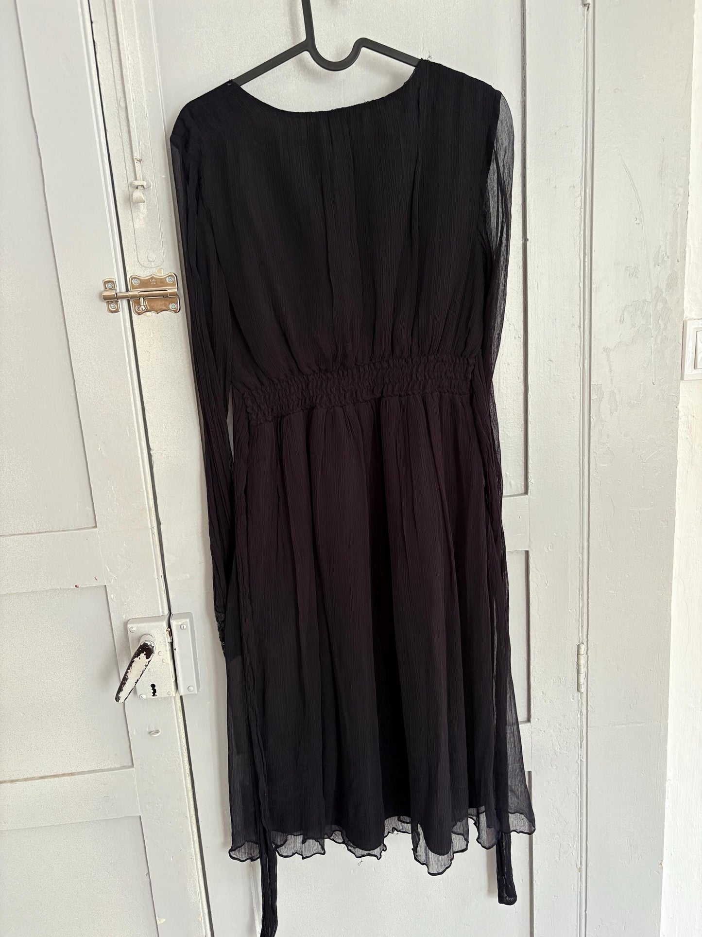 Vintage Black Boho Dress by Derhy – Sheer Sleeves, Sequin Waist, Size S, Romantic Goth Midi