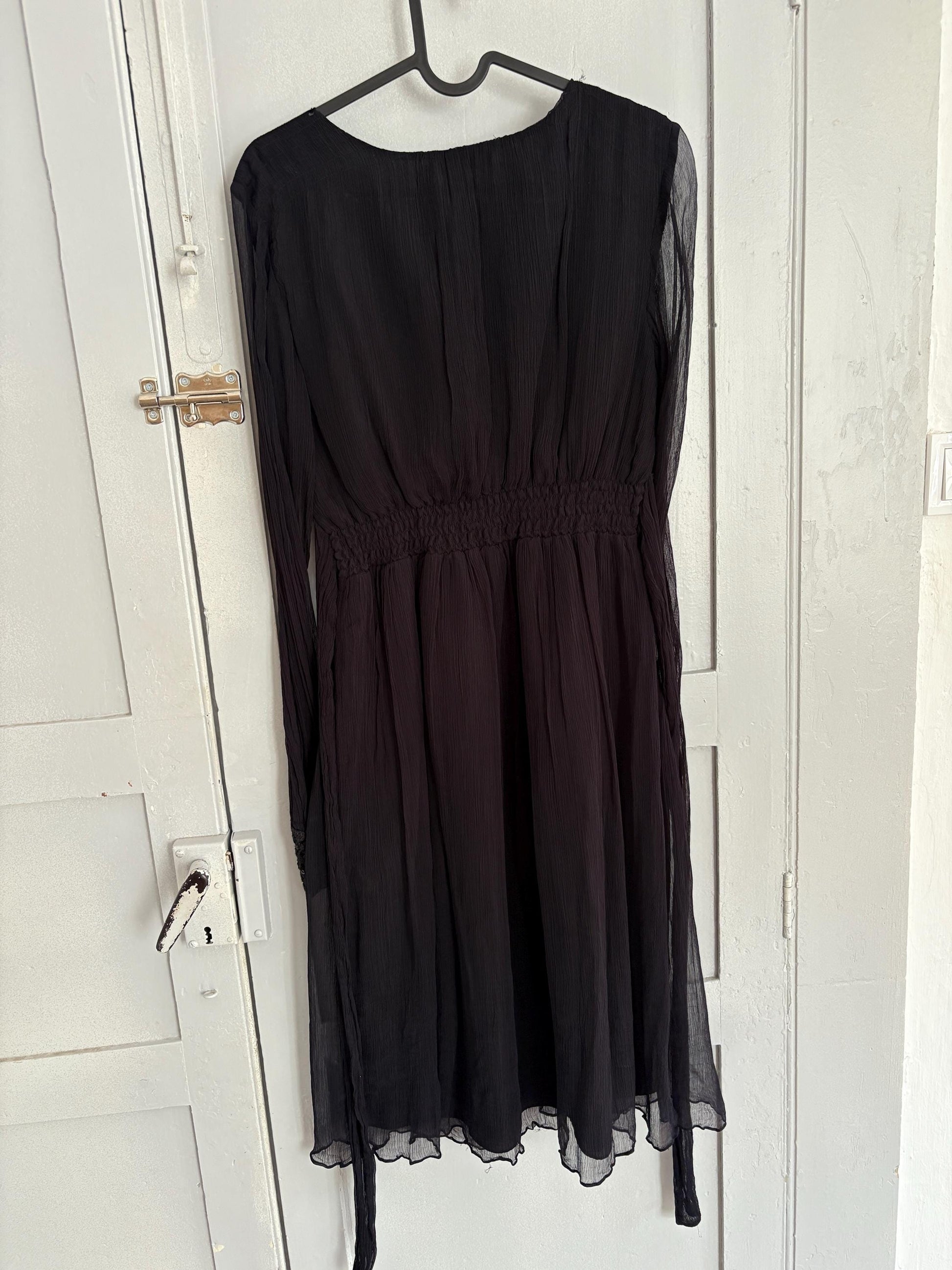 Vintage Black Boho Dress by Derhy – Sheer Sleeves, Sequin Waist, Size S, Romantic Goth Midi