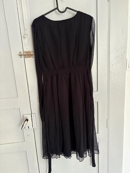 Vintage Black Boho Dress by Derhy – Sheer Sleeves, S, Romantic Goth Midi