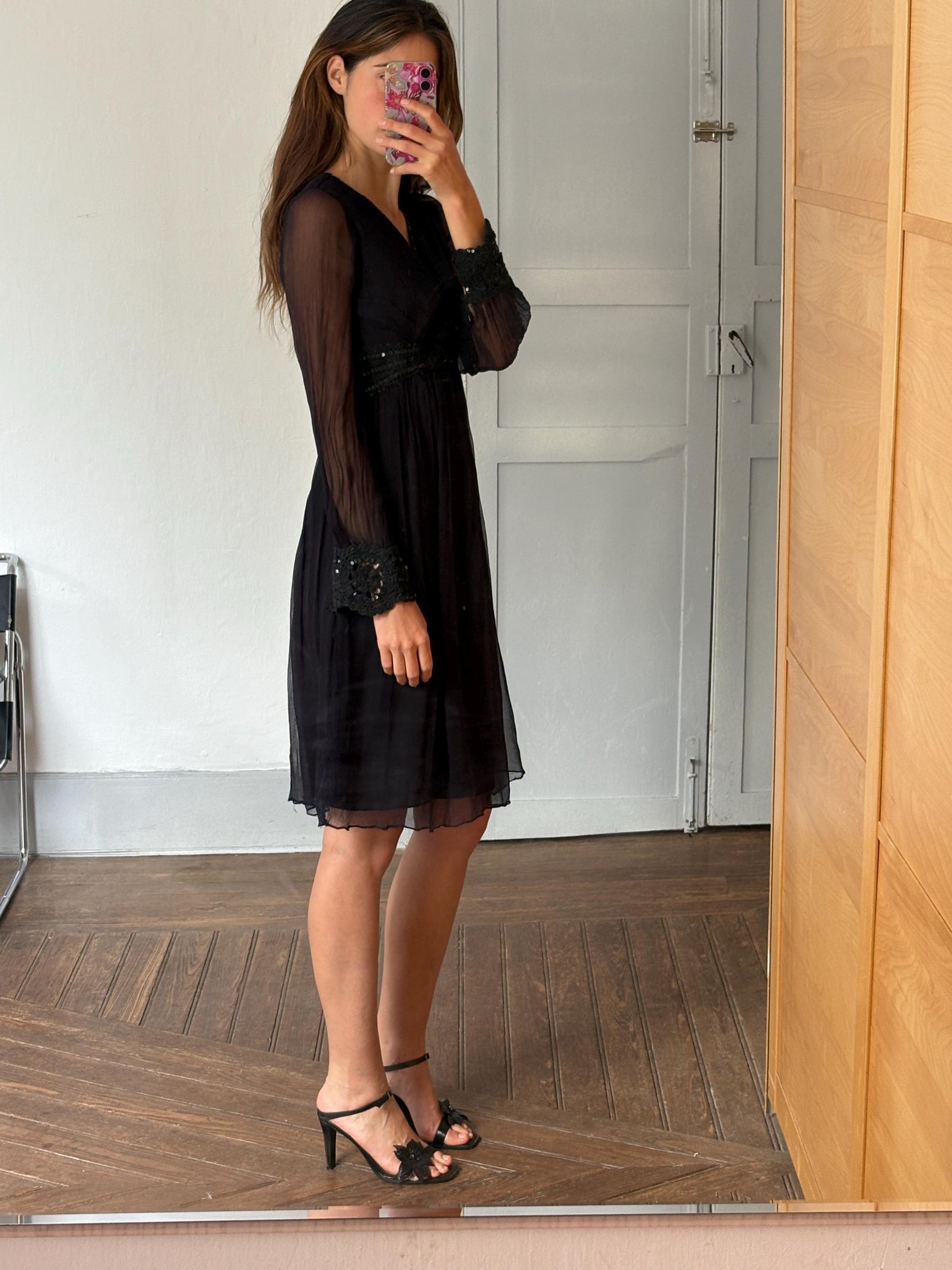 Vintage Black Boho Dress by Derhy – Sheer Sleeves, Sequin Waist, Size S, Romantic Goth Midi