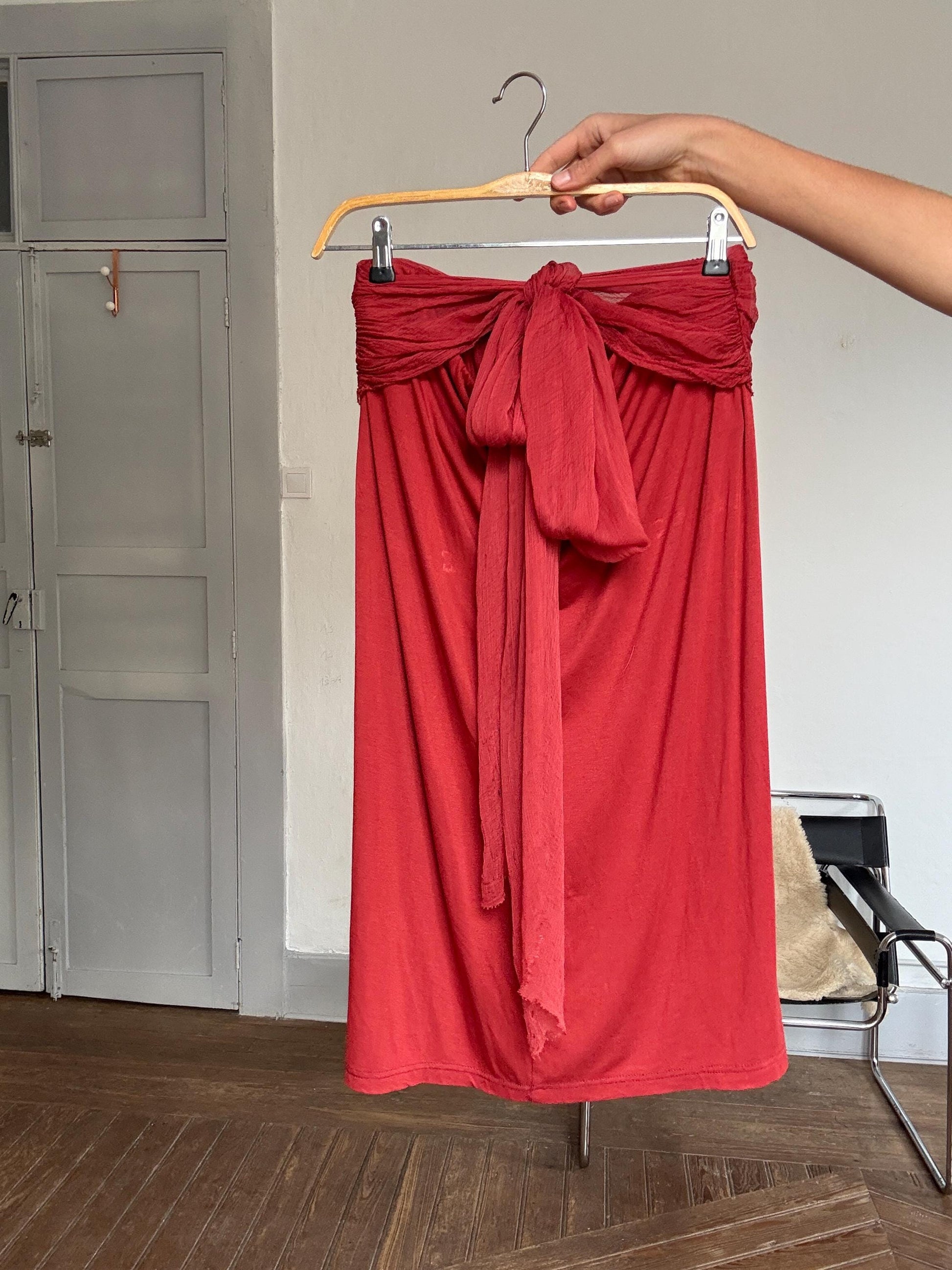 Vintage Hoss Intropia Deep Red Skirt – Tag Size L, Elegant Wrap Waist, Luxury Boho Style
