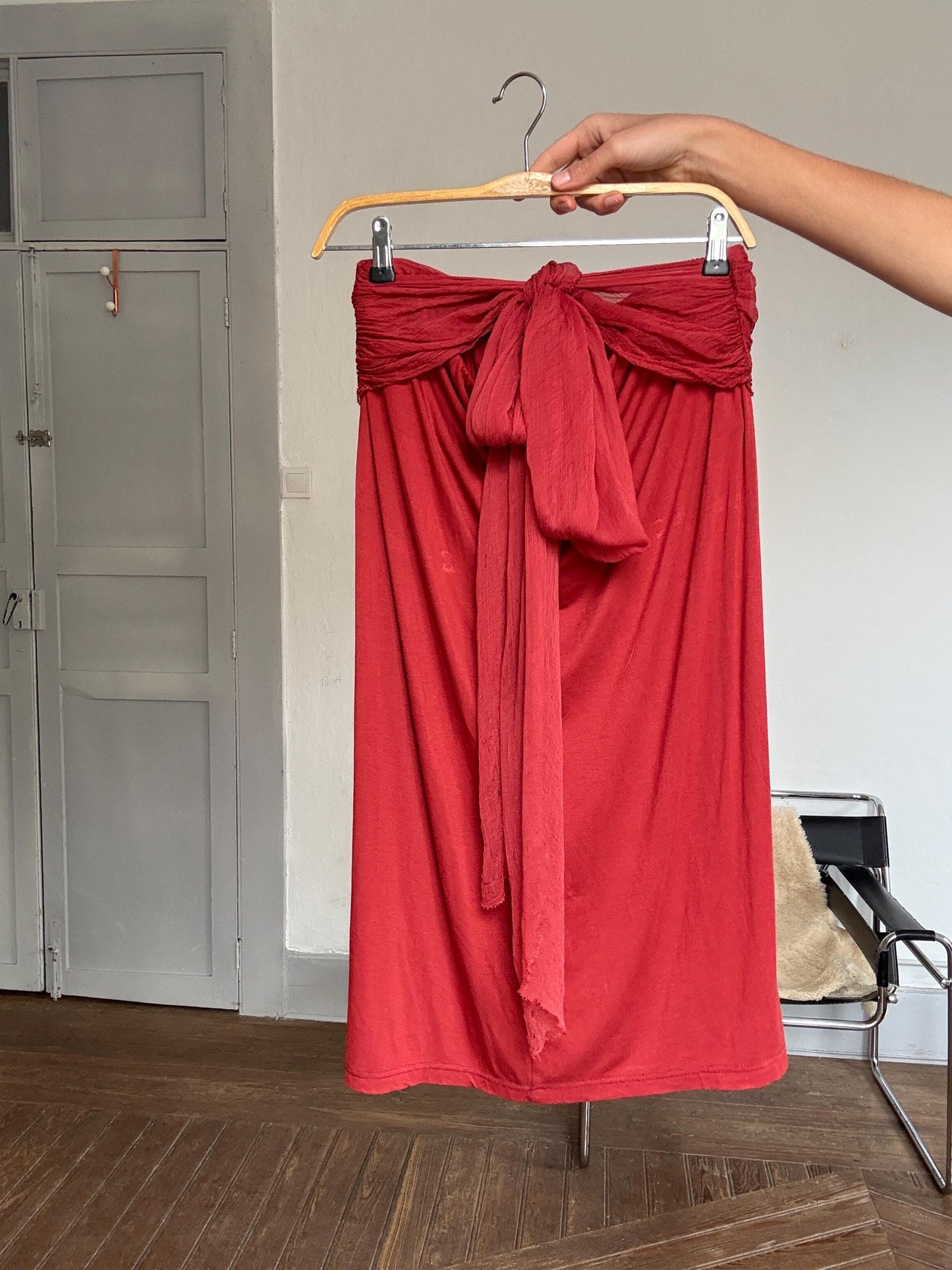 Vintage Hoss Intropia Deep Red Skirt – Tag Size L, Elegant Wrap Waist, Luxury Boho Style