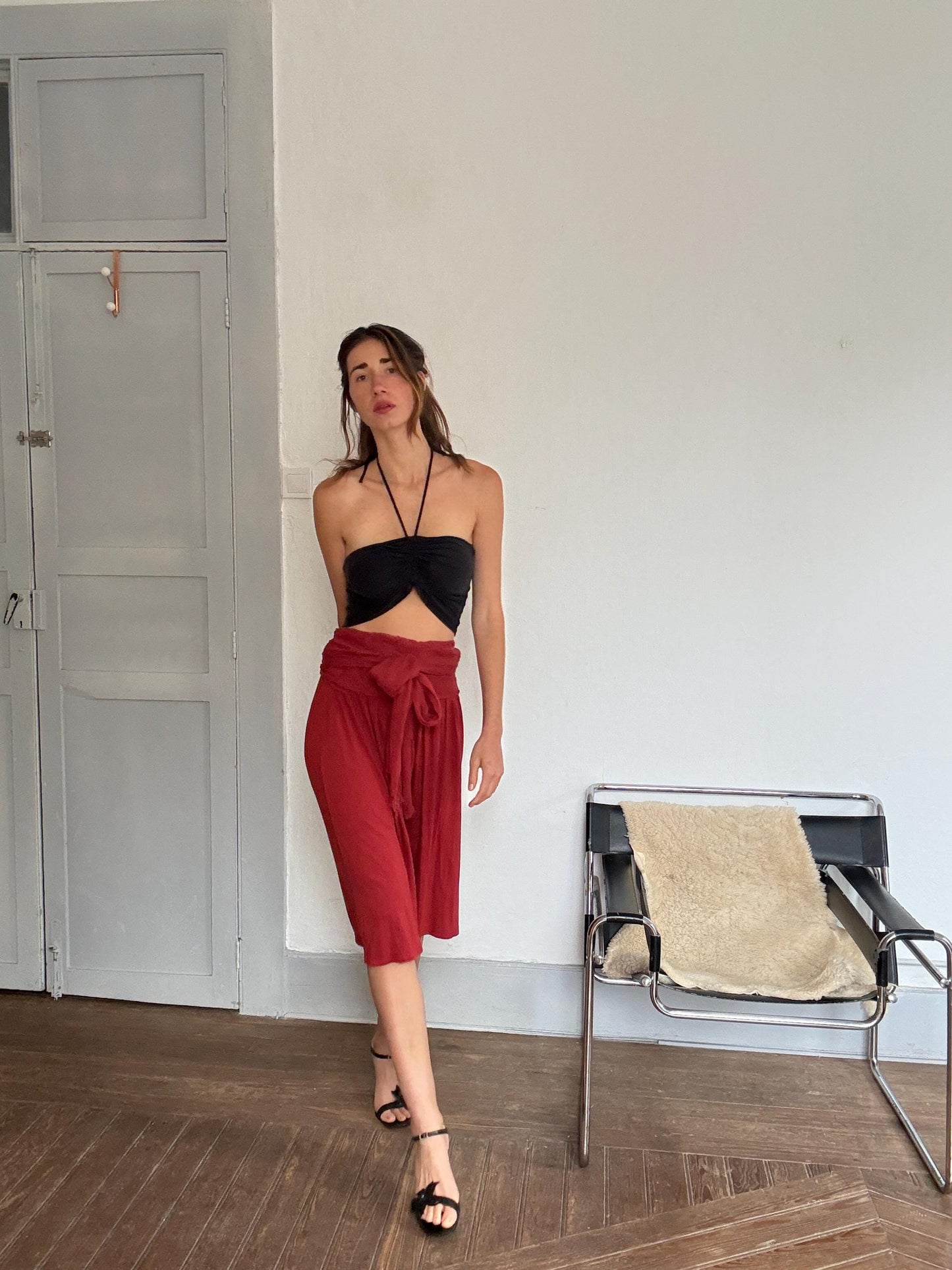 Vintage Hoss Intropia Deep Red Skirt – Tag Size L, Elegant Wrap Waist, Luxury Boho Style