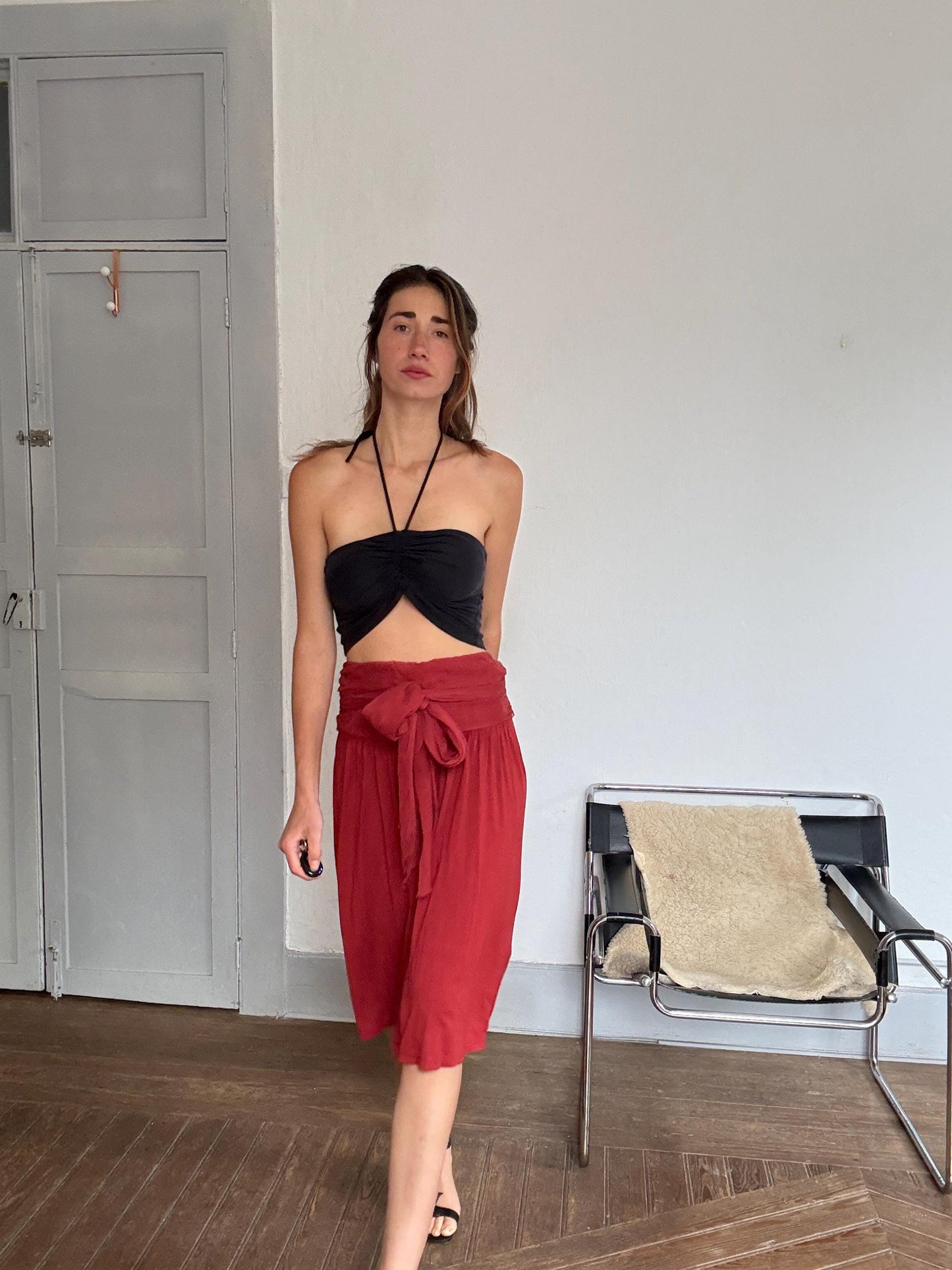 Vintage Hoss Intropia Deep Red Skirt – Tag Size L, Elegant Wrap Waist, Luxury Boho Style