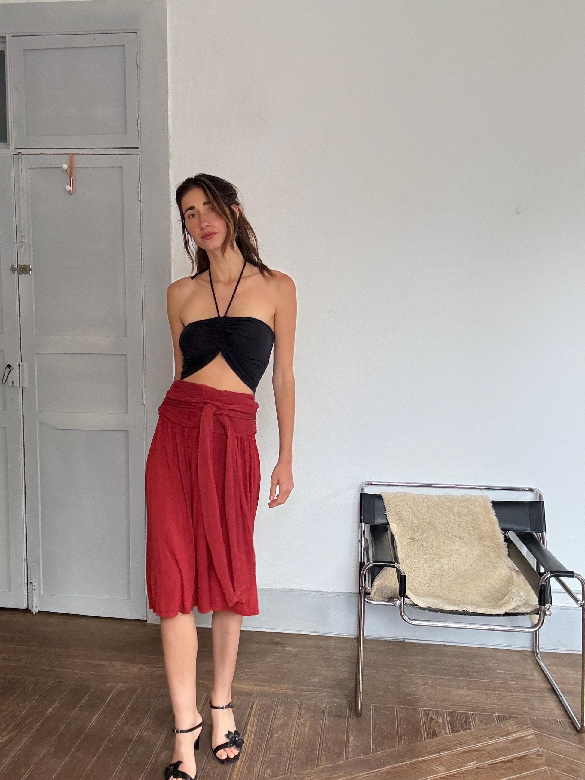 Vintage Hoss Intropia Deep Red Skirt – Tag Size L, Elegant Wrap Waist, Luxury Boho Style