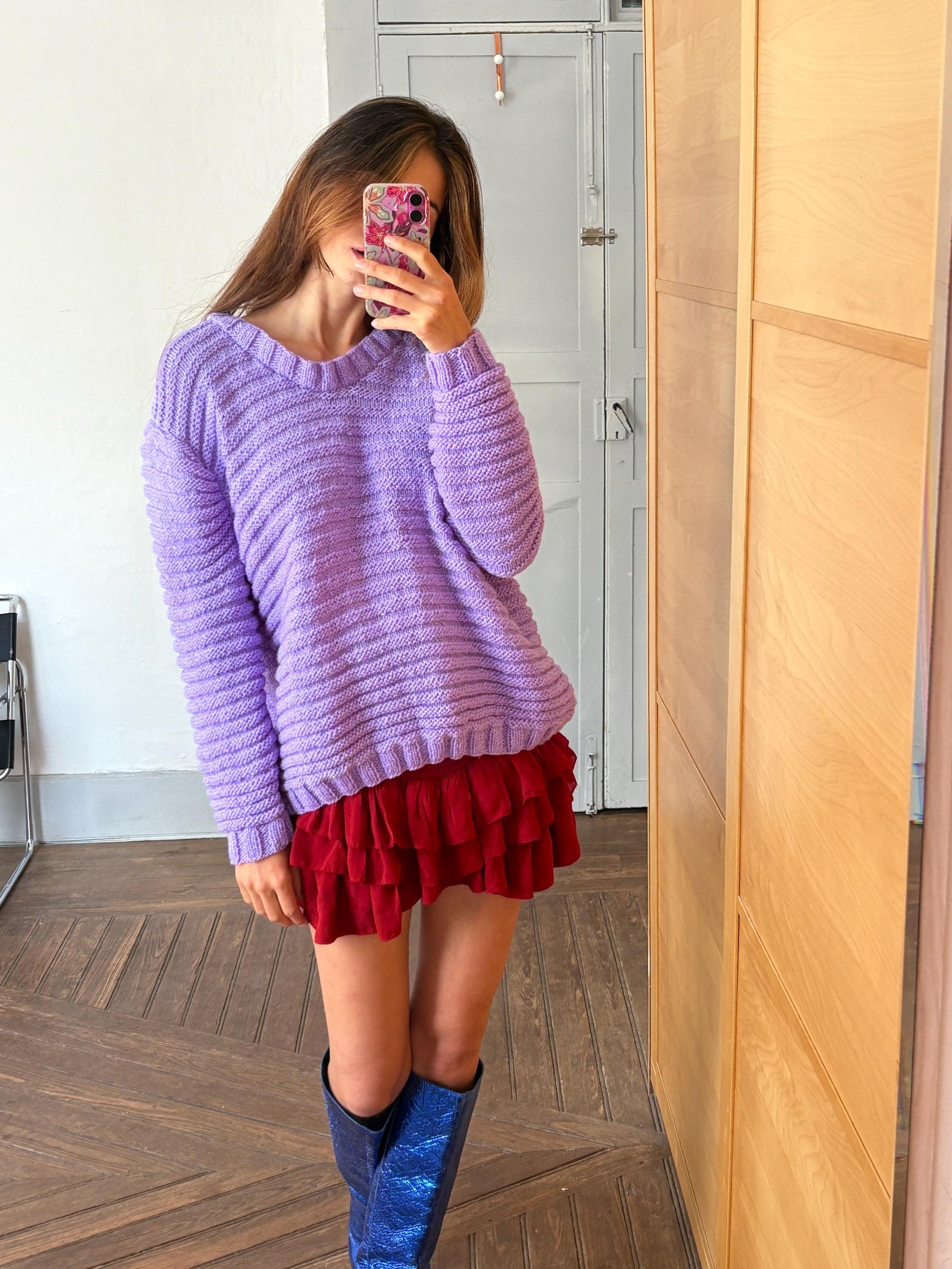 Vintage Purple Chunky Knit Sweater Handmade Y2K Glam Glitter Thread One Size Fit Cozy Winter Pullover
