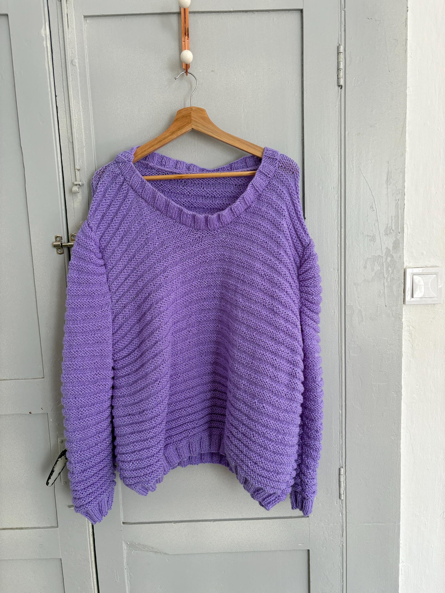 Vintage Purple Chunky Knit Sweater Handmade Y2K Glam Glitter Thread One Size Fit Cozy Winter Pullover
