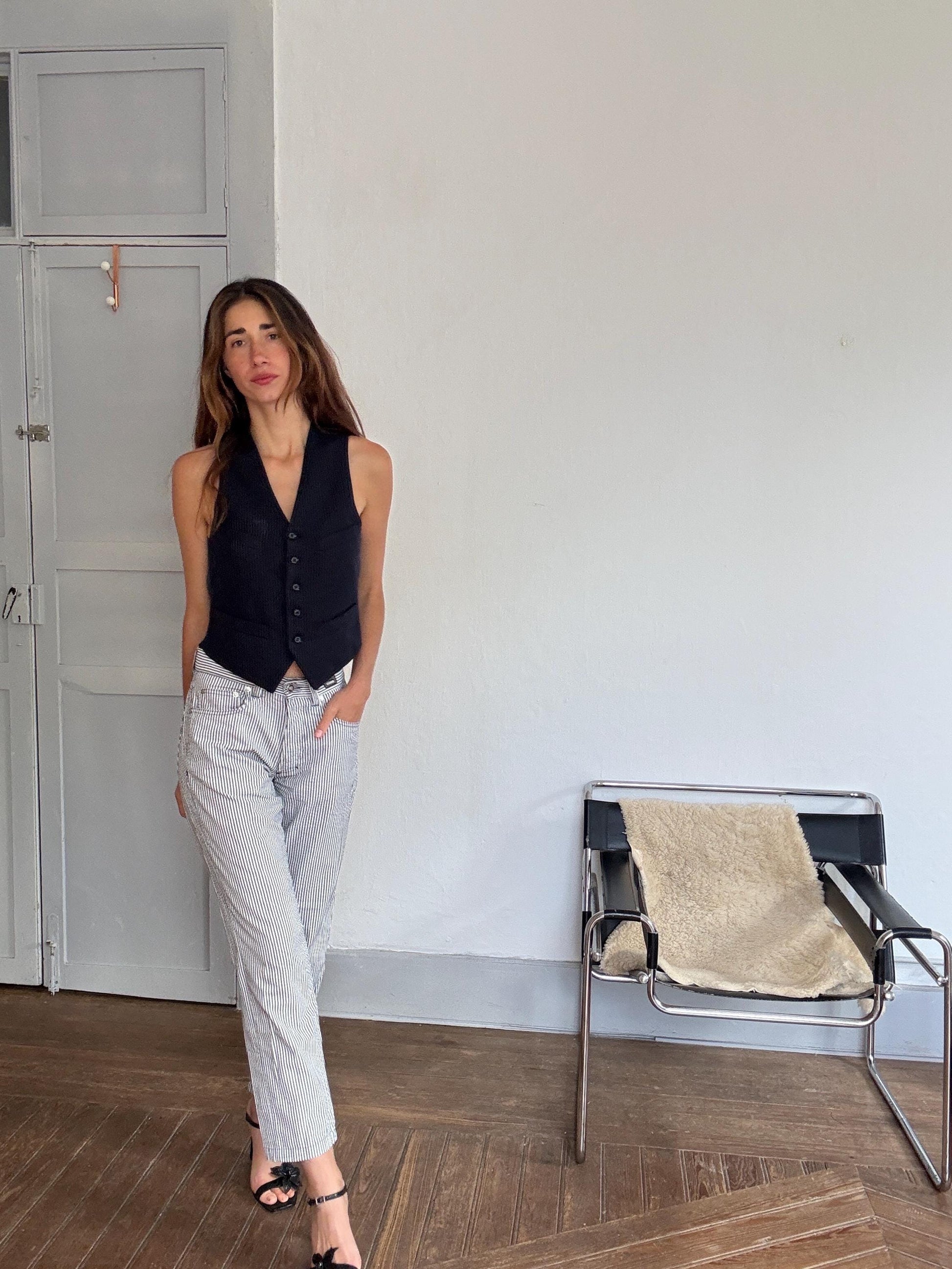 Vintage Versace Jeans Couture – Striped Cotton Blend Pants, Black & White, Leather Patch Detail