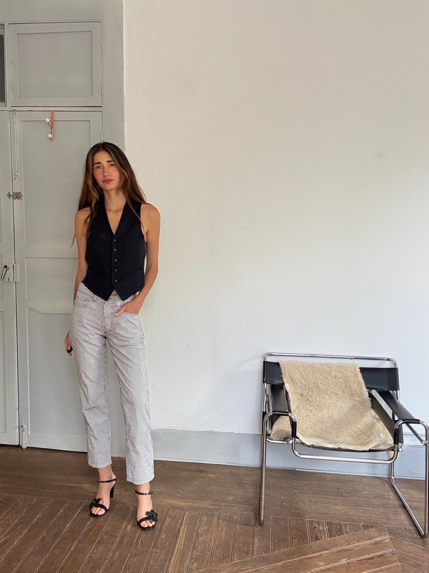 Vintage Versace Jeans Couture – Striped Cotton Blend Pants, Black & White, Leather Patch Detail