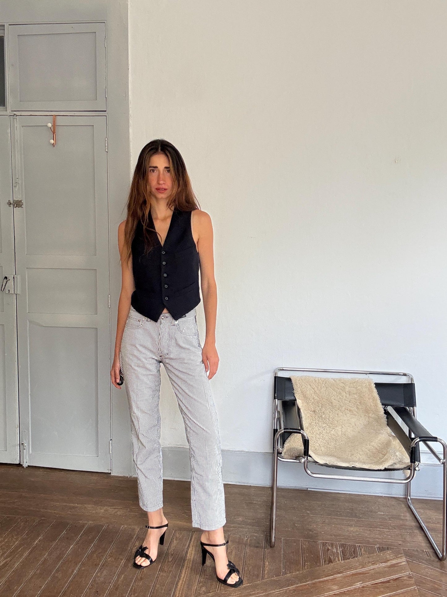 Vintage Versace Jeans Couture – Striped Cotton Blend Pants, Black & White, Leather Patch Detail