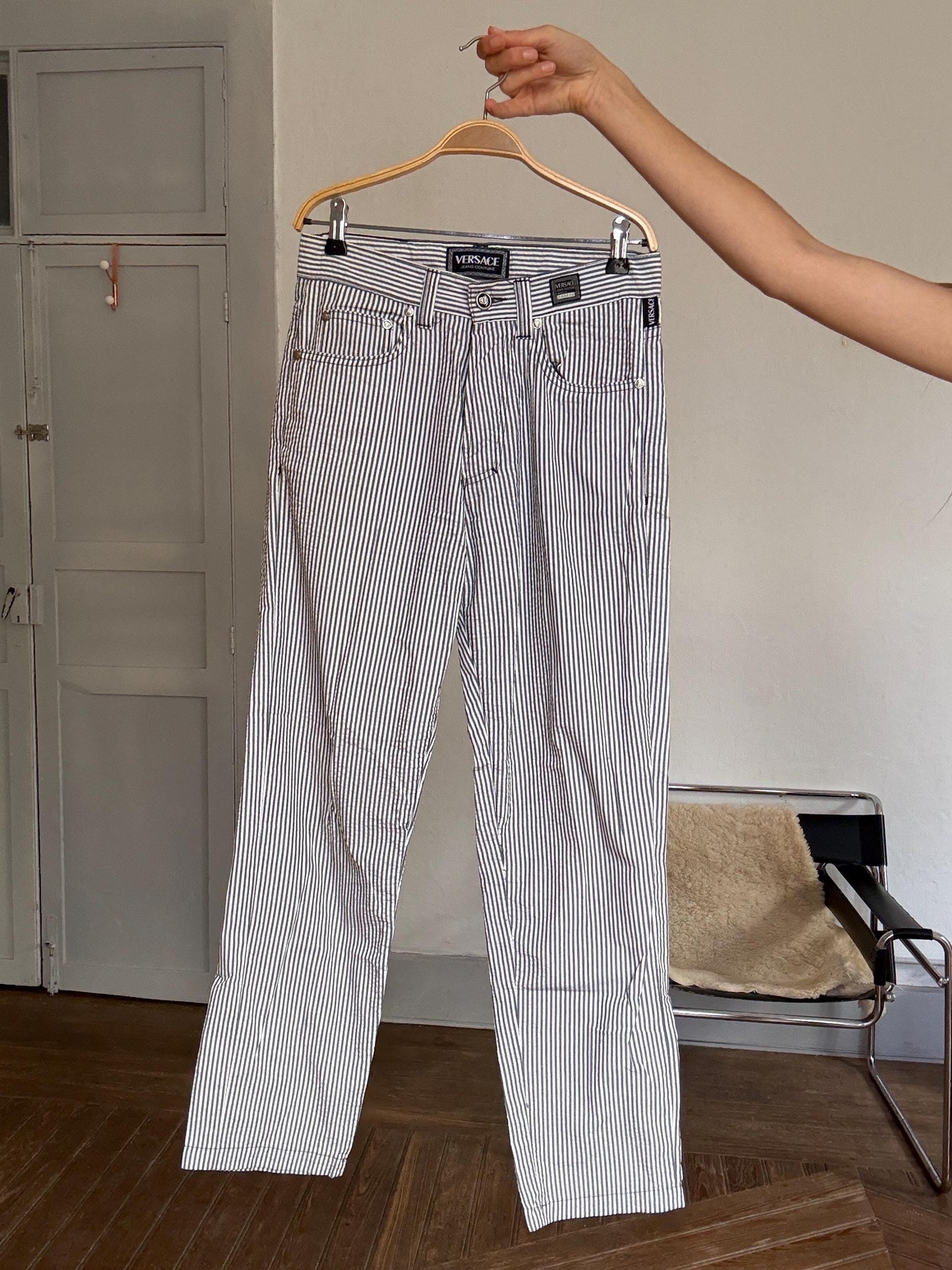 Vintage Versace Jeans Couture – Striped Cotton Blend Pants, Black & White, Leather Patch Detail