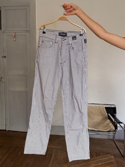 Versace Jeans Couture Striped Cotton Pants with Leather Patch