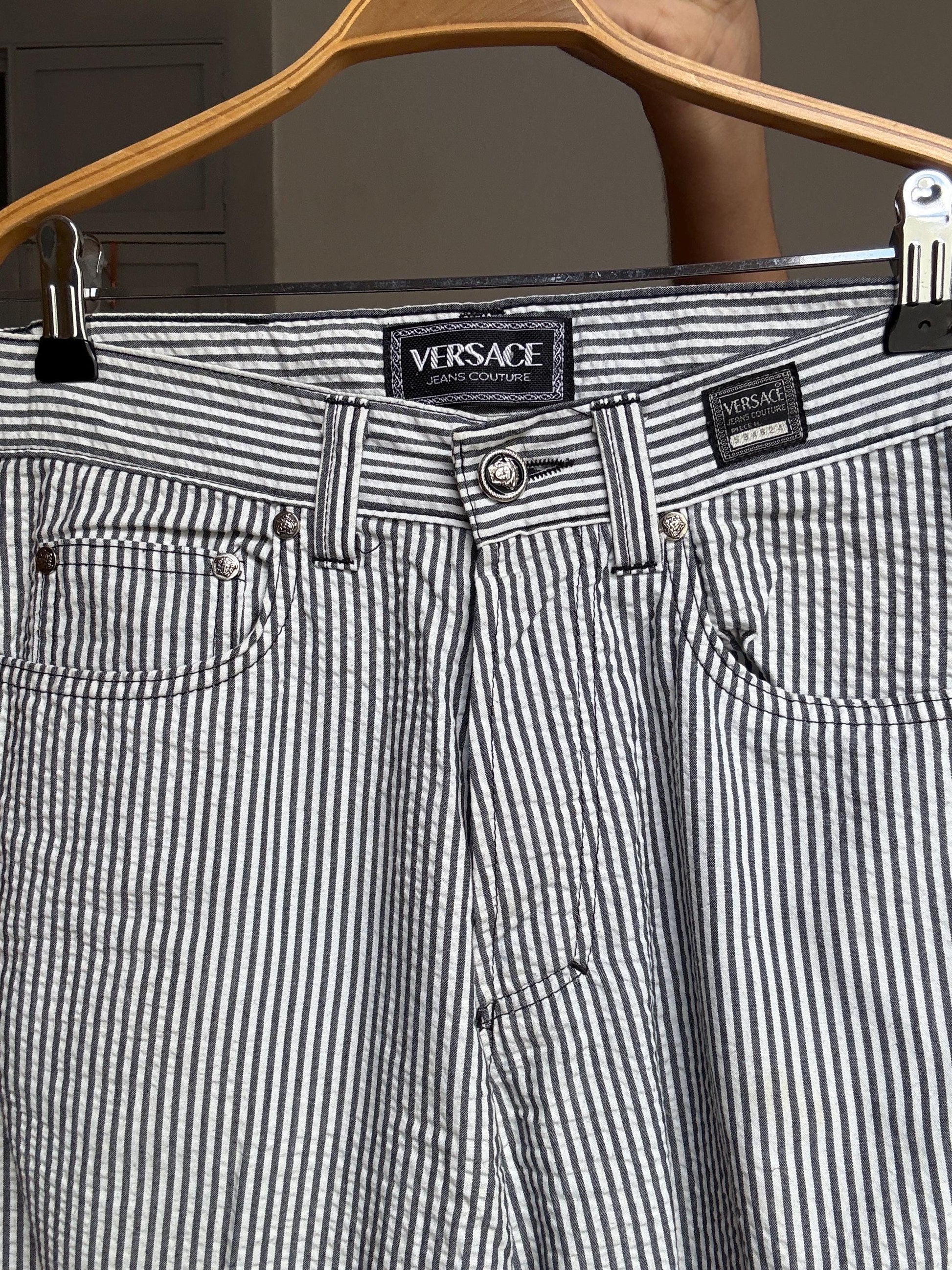 Vintage Versace Jeans Couture – Striped Cotton Blend Pants, Black & White, Leather Patch Detail