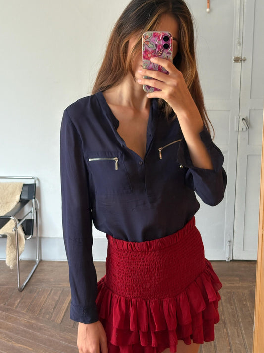 Vintage Massimo Dutti Navy Sheer Blouse – Mulberry Silk Blend Top, S,