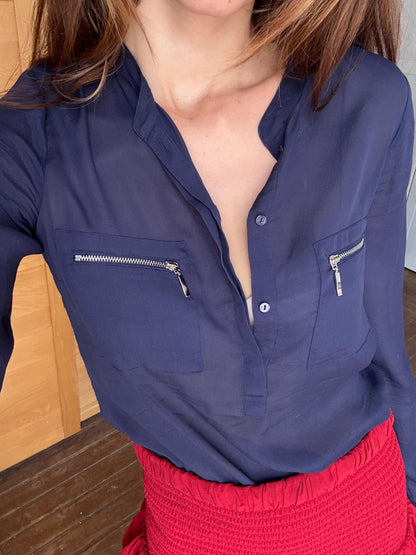 Navy Sheer Mulberry Silk Blend Blouse — additional view 7