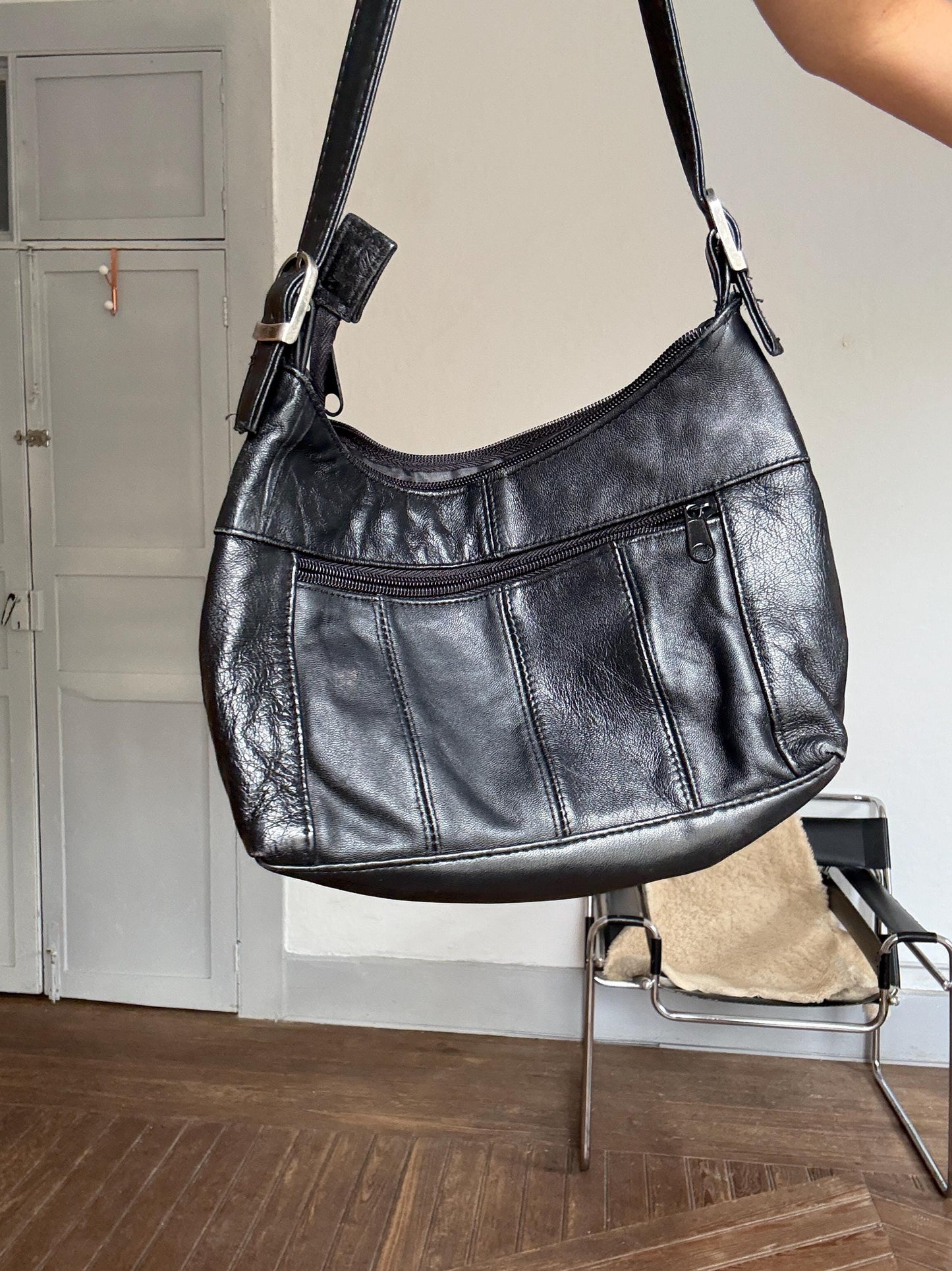 Vintage Adrians Black Leather Shoulder Bag – 2000s Y2K Small Hobo Purse, Adjustable Strap