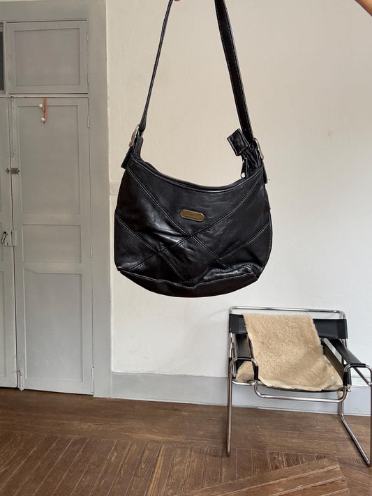 Vintage Adrians Black Leather Shoulder Bag – 2000s Y2K Small Hobo Purse, Adjustable Strap