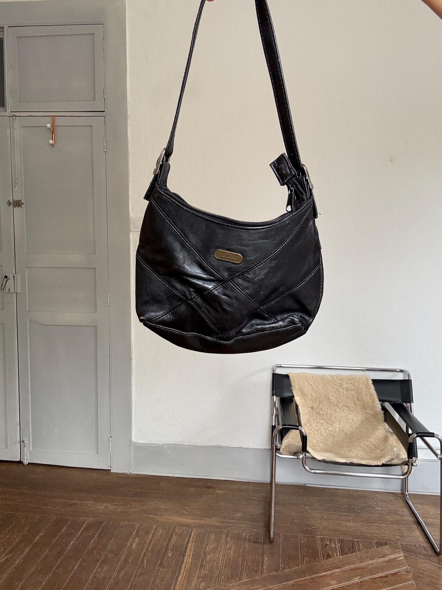 Vintage Adrians Black Leather Shoulder Bag – 2000s Y2K Small Hobo Purse, Adjustable Strap