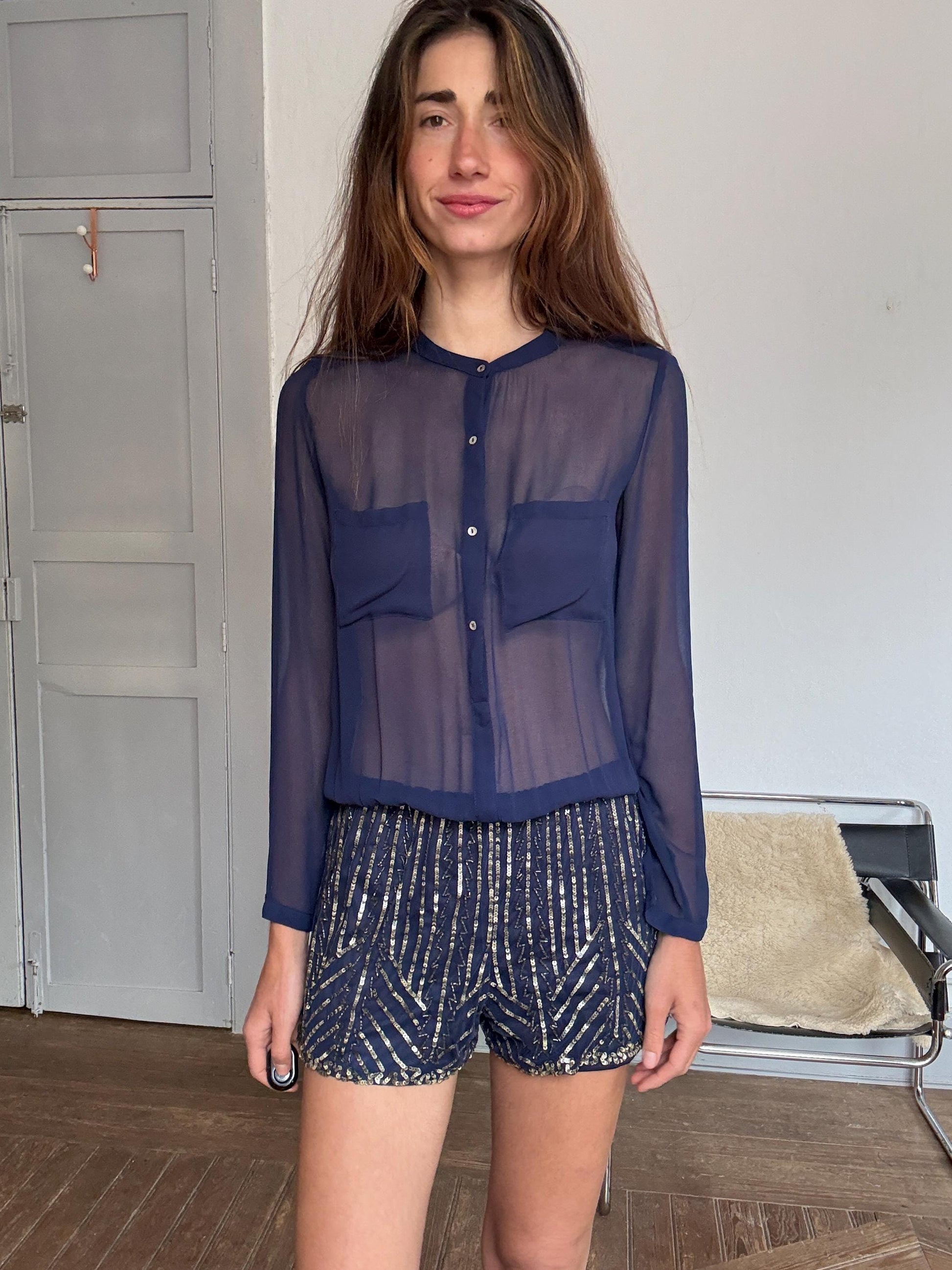 Sheer Navy Embellished Romper – Festive Sequin Playsuit, Size S