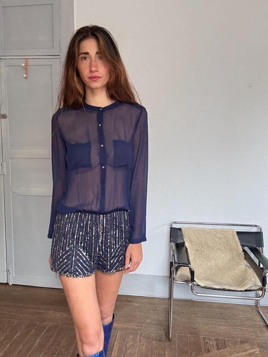 Sheer Navy Embellished Romper – Festive Sequin Playsuit, Size S