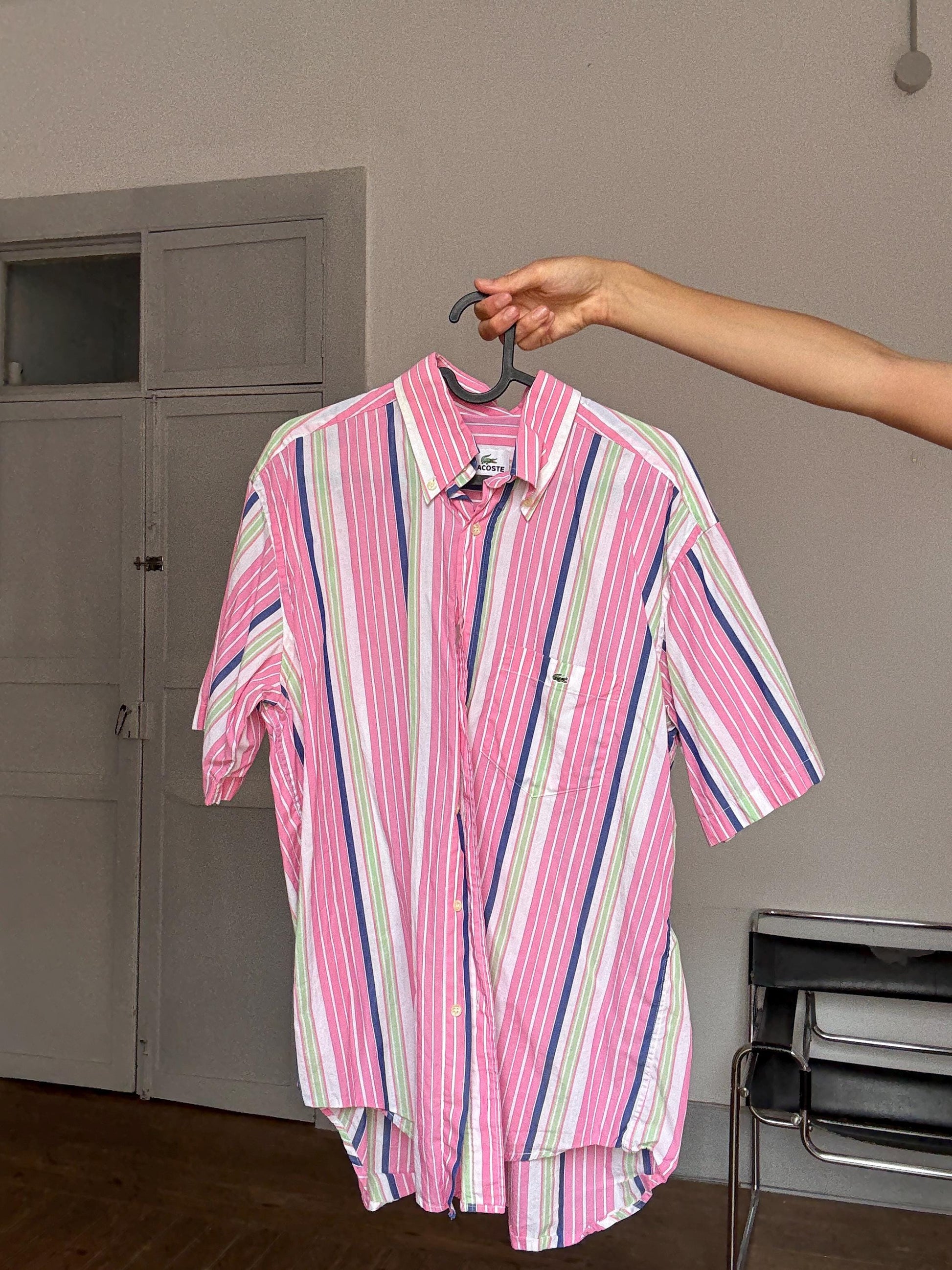 Vintage Lacoste Striped Shirt – Colourful Unisex Preppy Cotton Button-Up, Rainbow pink cheerful oversized summer clothing, Size 40 - M - L