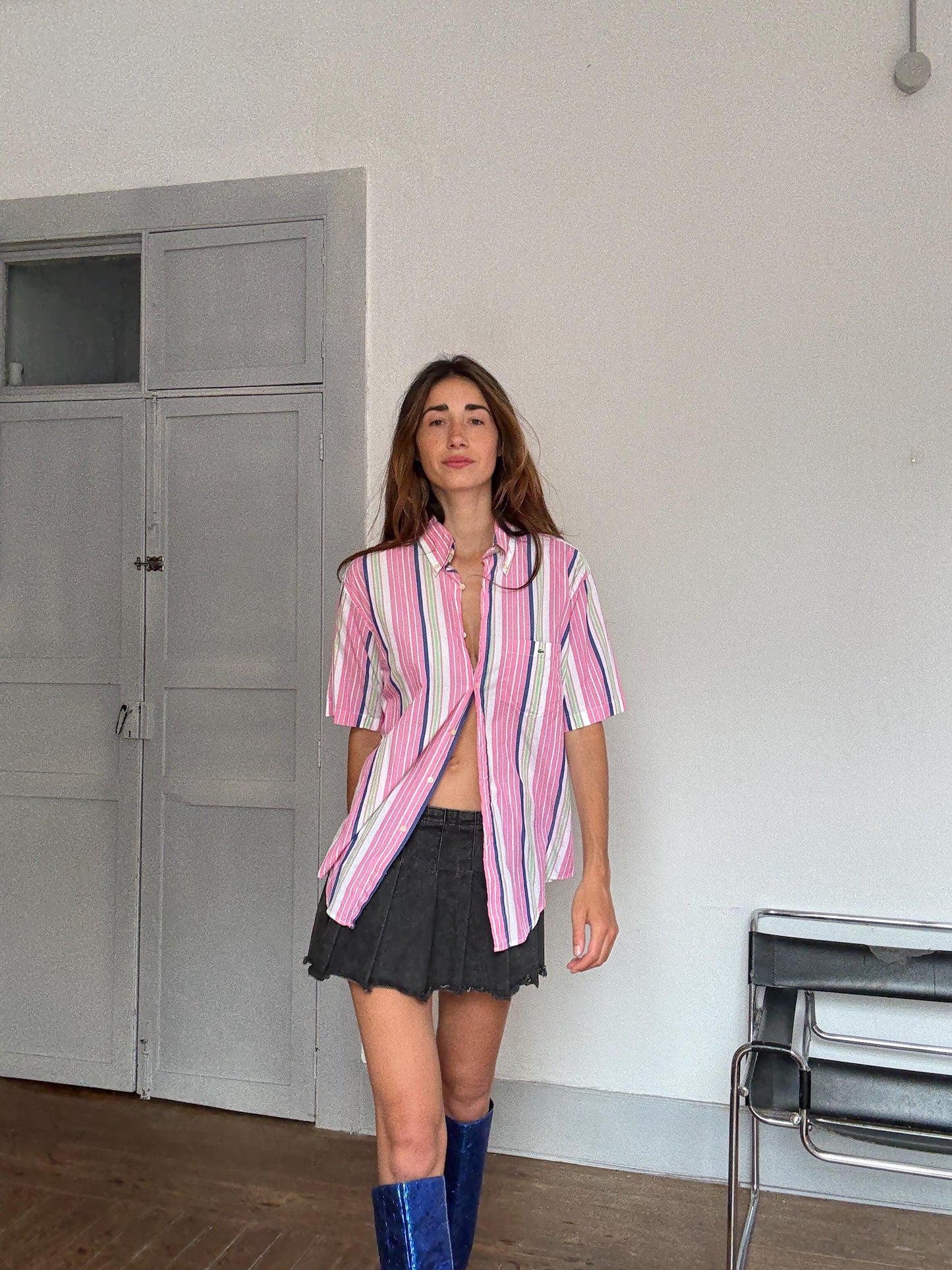 Vintage Lacoste Striped Shirt – Colourful Unisex Preppy Cotton Button-Up, Rainbow pink cheerful oversized summer clothing, Size 40 - M - L