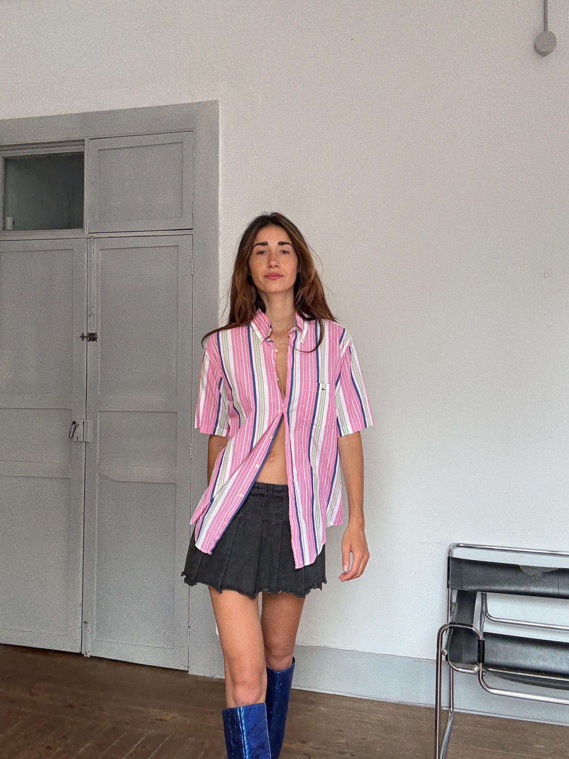 Vintage Lacoste Striped Shirt – Colourful Unisex Preppy Cotton Button-Up, Rainbow pink cheerful oversized summer clothing, Size 40 - M - L