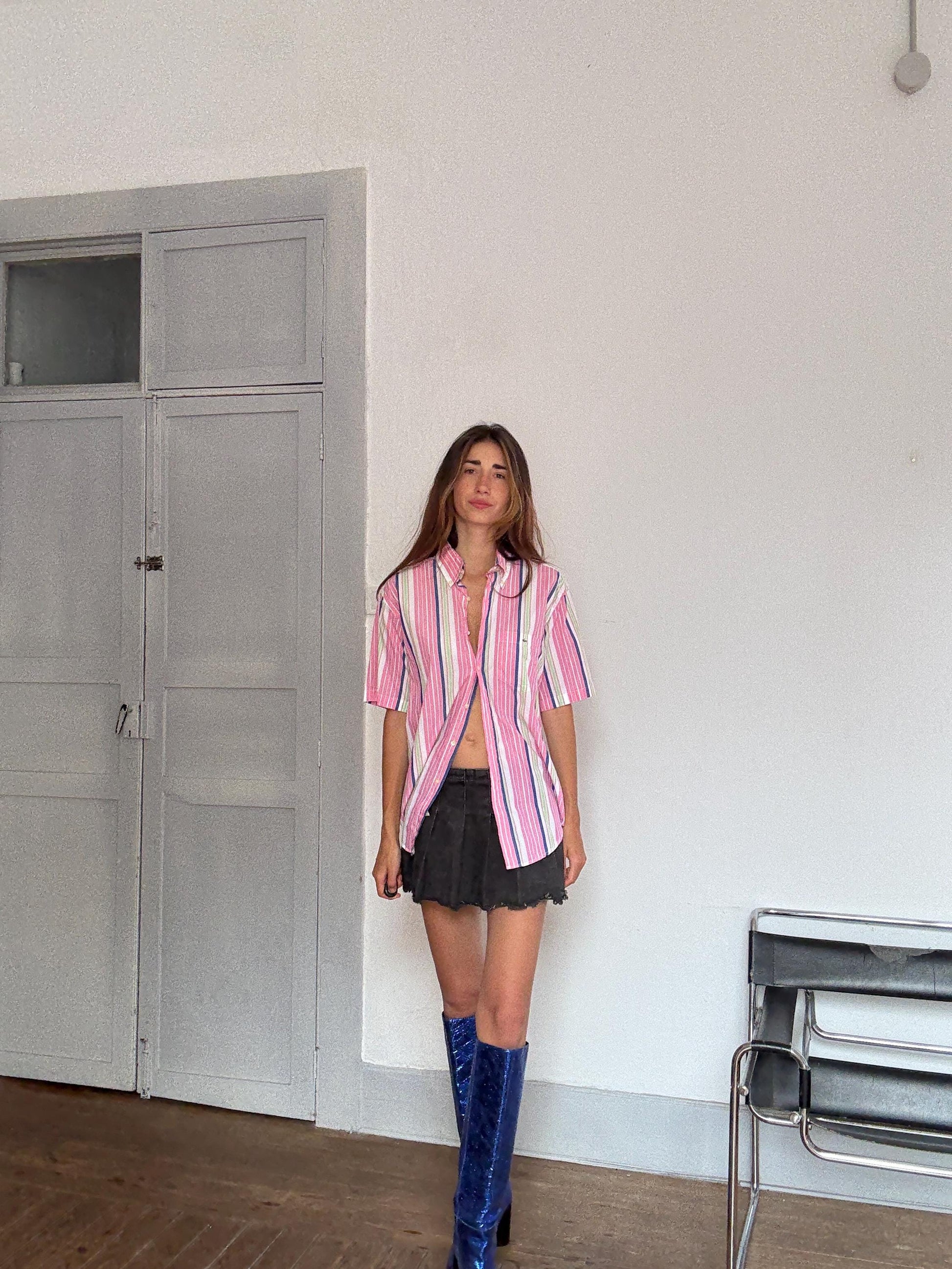 Vintage Lacoste Striped Shirt – Colourful Unisex Preppy Cotton Button-Up, Rainbow pink cheerful oversized summer clothing, Size 40 - M - L