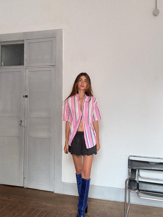 Vintage Lacoste Striped Shirt – Colourful Unisex Preppy Cotton Button-Up, Rainbow pink cheerful oversized summer clothing, Size 40 - M - L