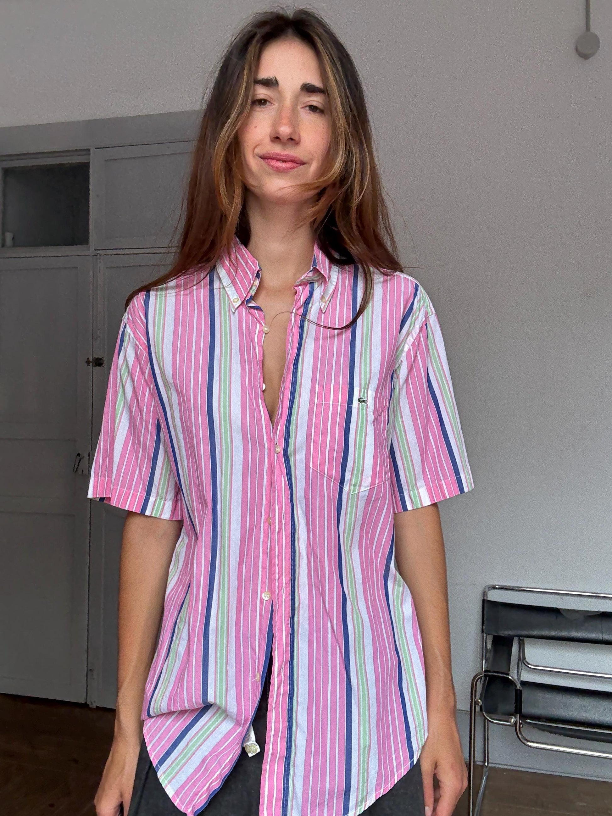 Vintage Lacoste Striped Shirt – Colourful Unisex Preppy Cotton Button-Up, Rainbow pink cheerful oversized summer clothing, Size 40 - M - L