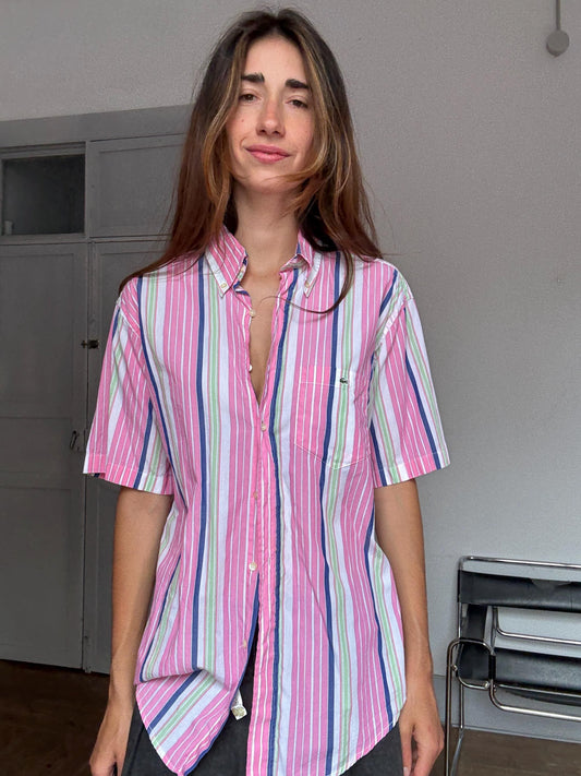 Vintage Lacoste Striped Shirt – Colourful Unisex Preppy Cotton Button-Up, Rainbow pink cheerful oversized summer clothing, Size 40 - M - L