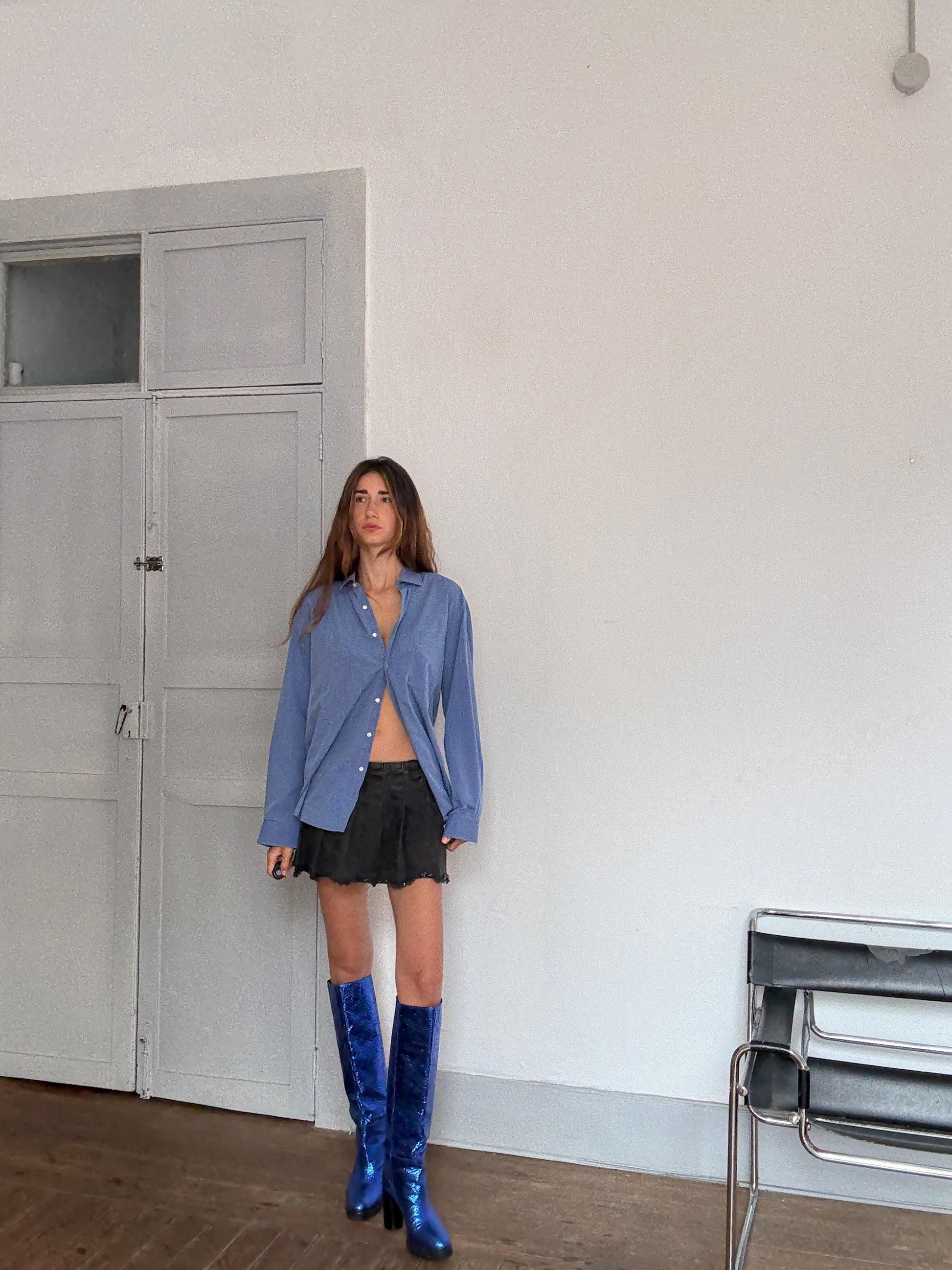 Vintage Massimo Dutti Blue Cotton Shirt – Oversized Boyfriend Fit – Dark Academia Preppy Unisex Button Down