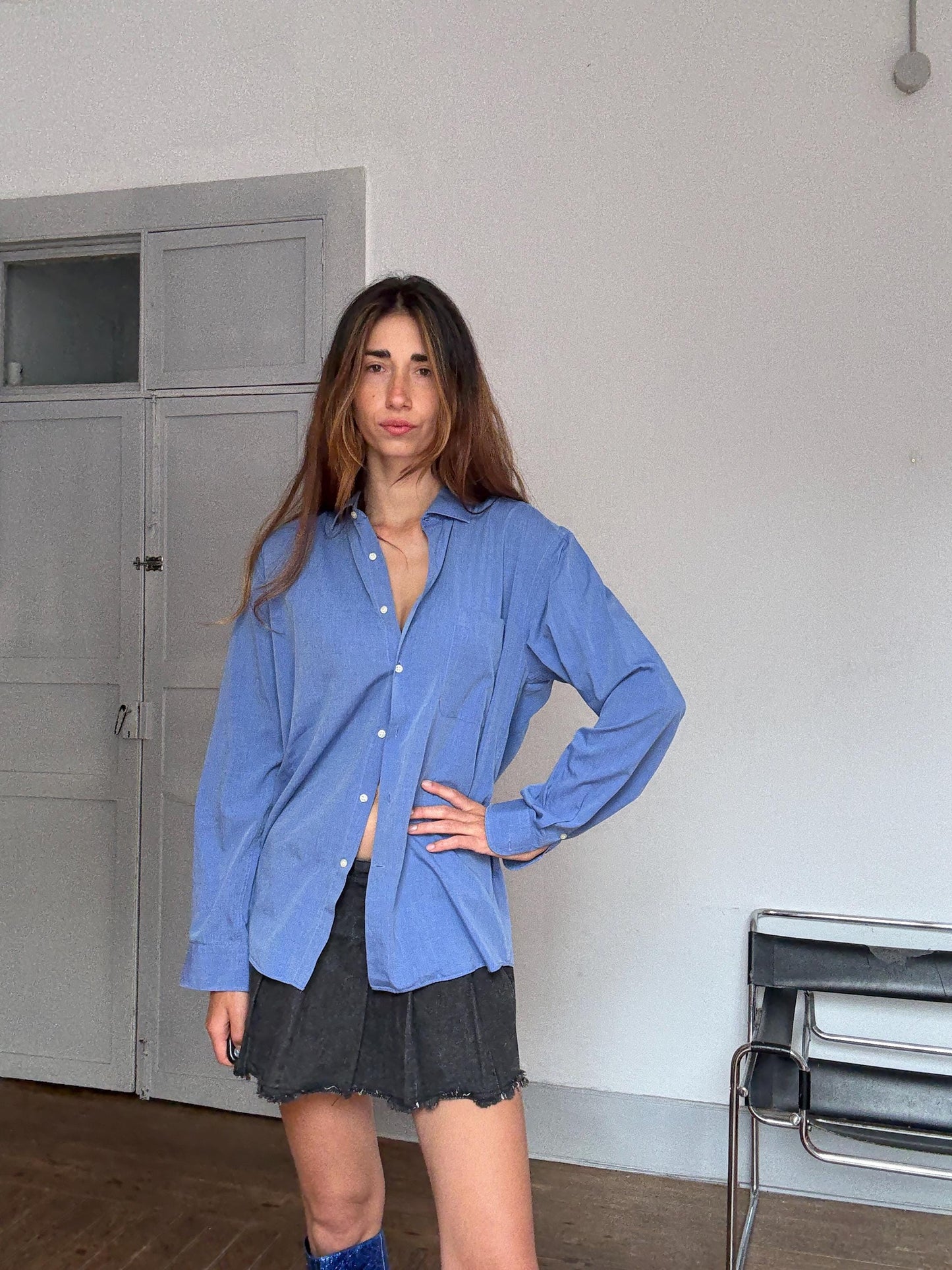 Vintage Massimo Dutti Blue Cotton Shirt – Oversized Boyfriend Fit – Dark Academia Preppy Unisex Button Down