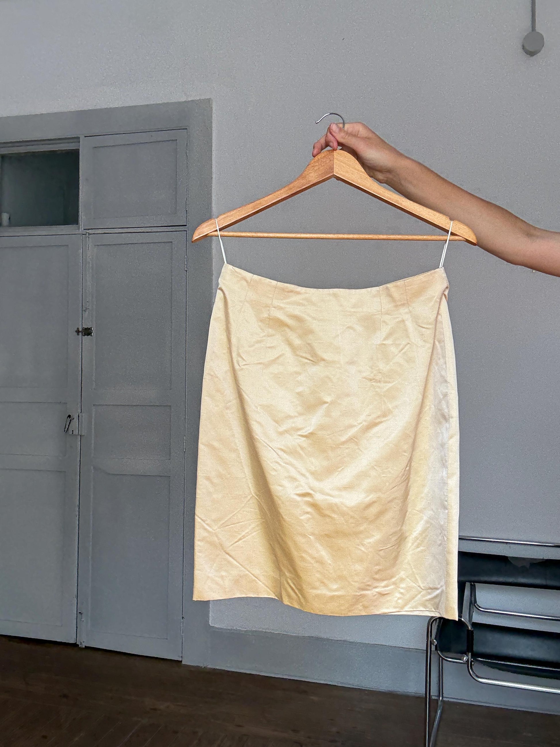 Vintage Jil Sander Silk Skirt Made in Italy – Y2K Minimalist Luxury Bottom, Pale Gold Satin, Carrie Bradshaw Style