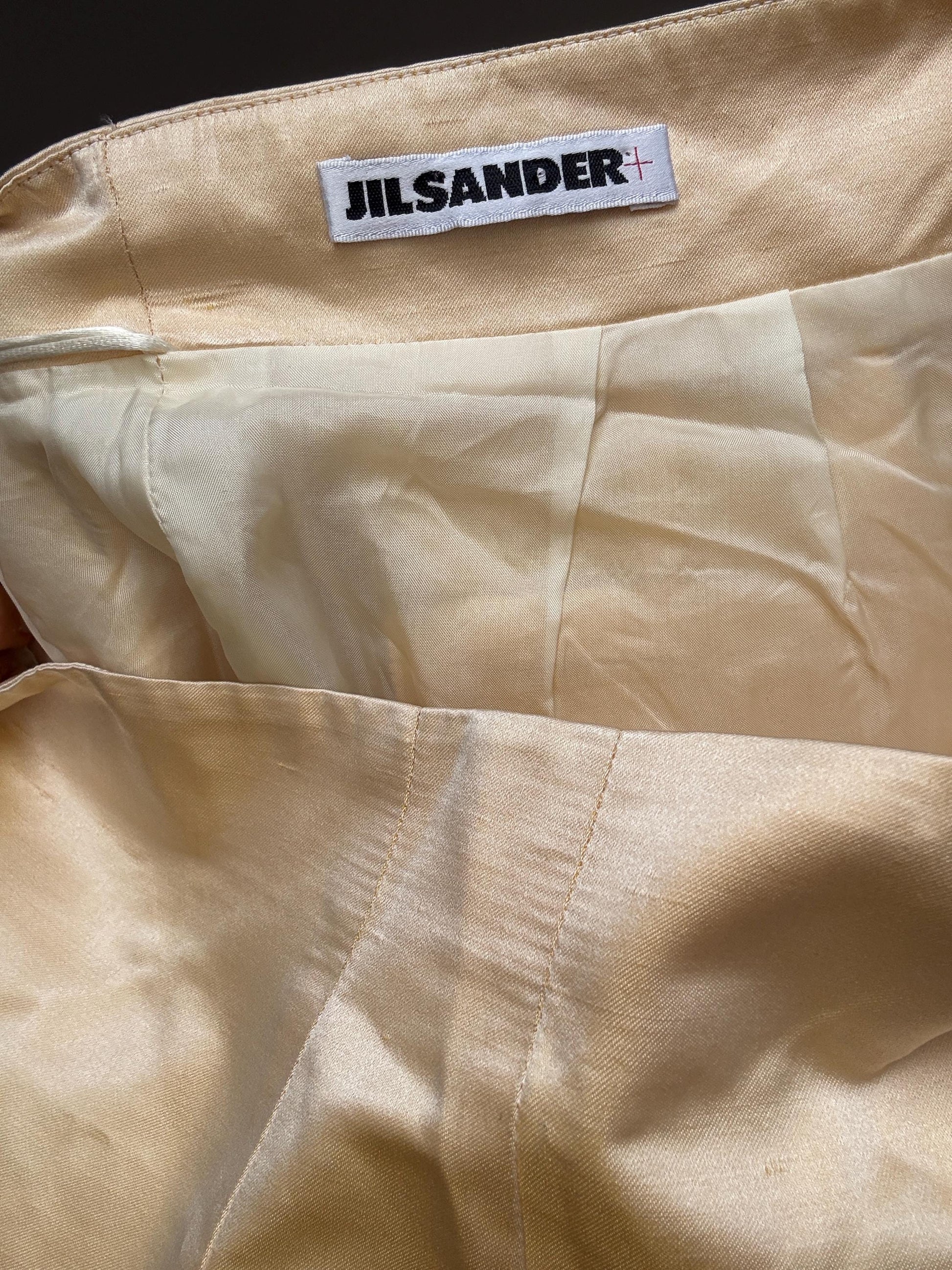Vintage Jil Sander Silk Skirt Made in Italy – Y2K Minimalist Luxury Bottom, Pale Gold Satin, Carrie Bradshaw Style