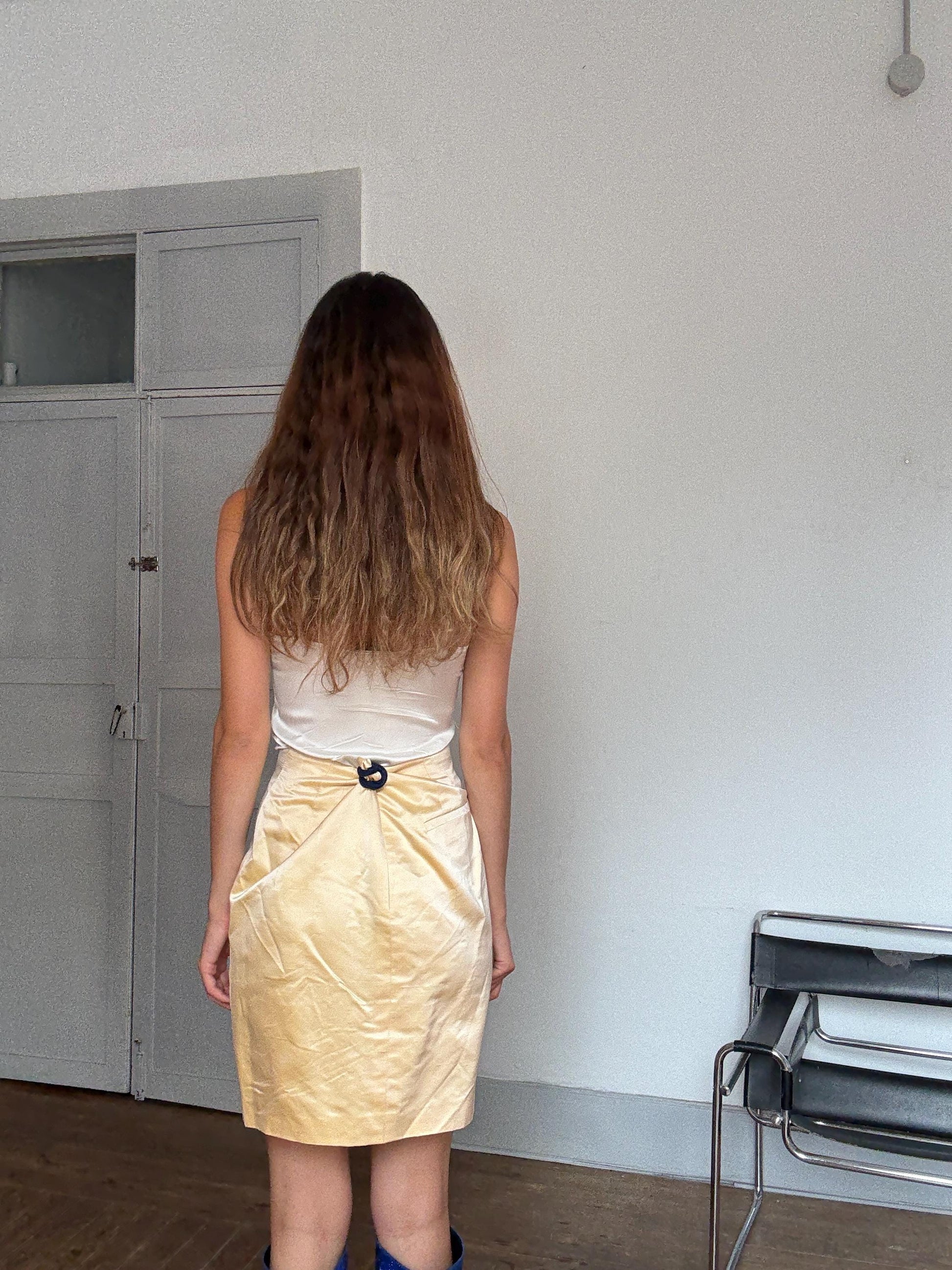 Vintage Jil Sander Silk Skirt Made in Italy – Y2K Minimalist Luxury Bottom, Pale Gold Satin, Carrie Bradshaw Style