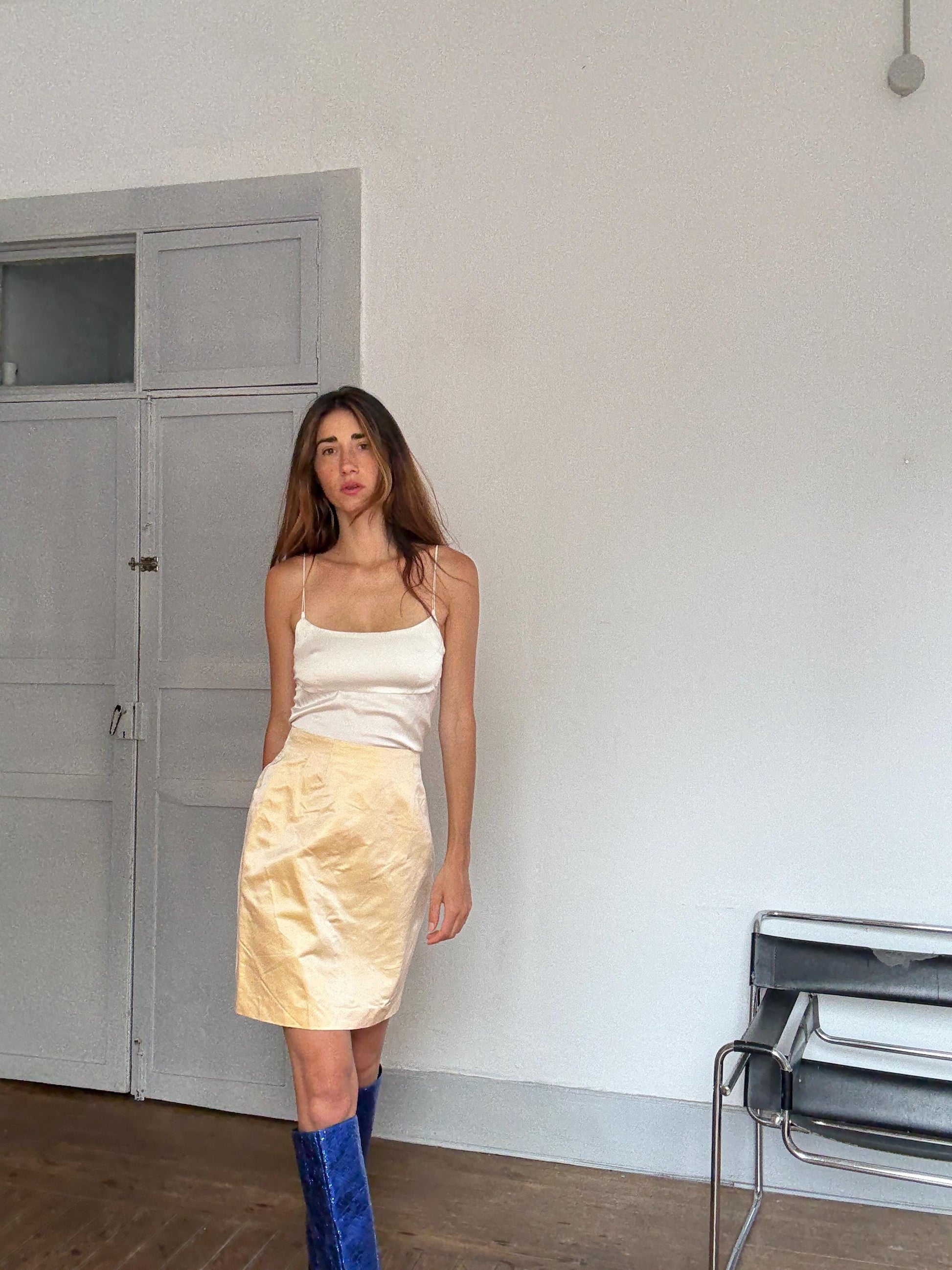 Vintage Jil Sander Silk Skirt Made in Italy – Y2K Minimalist Luxury Bottom, Pale Gold Satin, Carrie Bradshaw Style