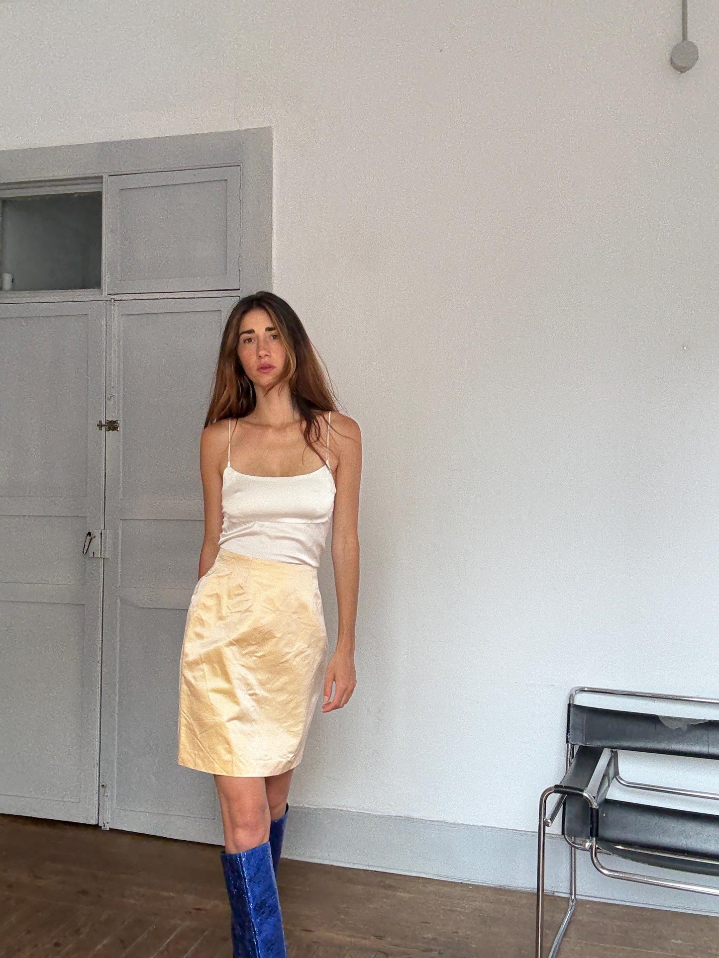 Vintage Jil Sander Silk Skirt Made in Italy – Y2K Minimalist Luxury Bottom, Pale Gold Satin, Carrie Bradshaw Style
