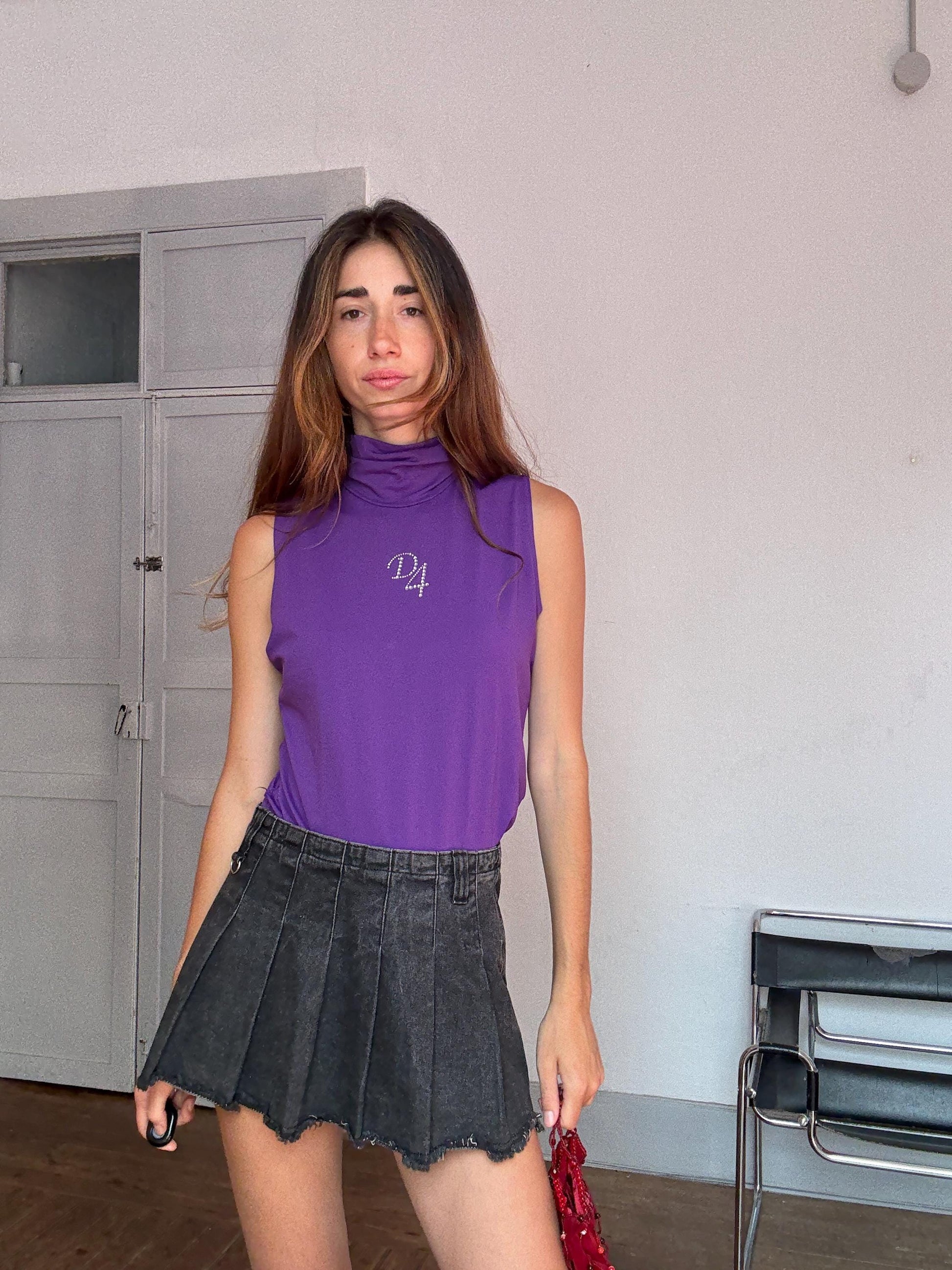 Y2K Purple Rhinestone Turtleneck Top – Vintage Division 4 Sleeveless Camisole – Made in Spain, Size L